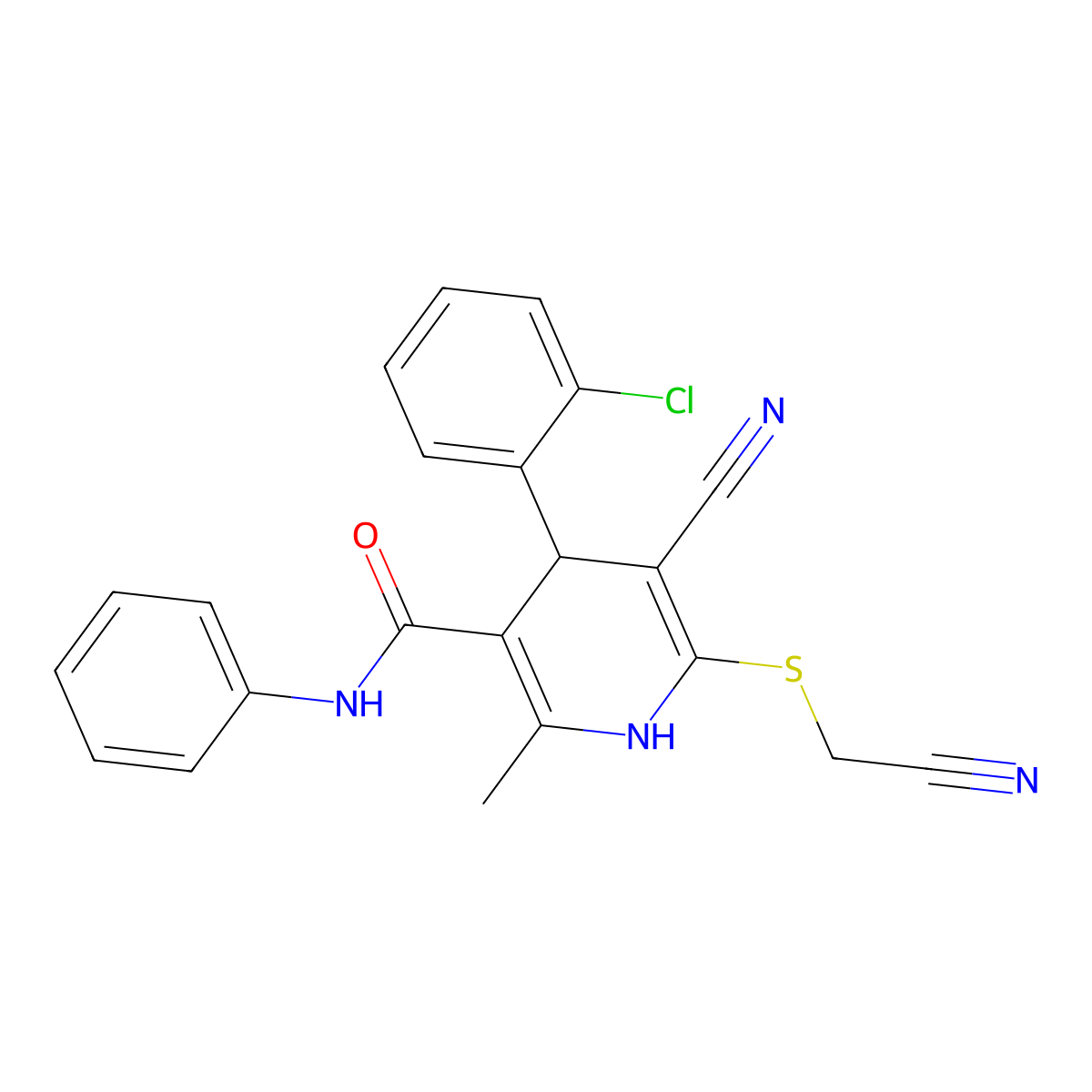 4-(2-chlorophenyl)-5-cyano-6-(cyanomethylsulfanyl)-2-methyl-N-phenyl-1,4-dihydropyridine-3-carboxamide molecular structure, CAS 185409-80-7