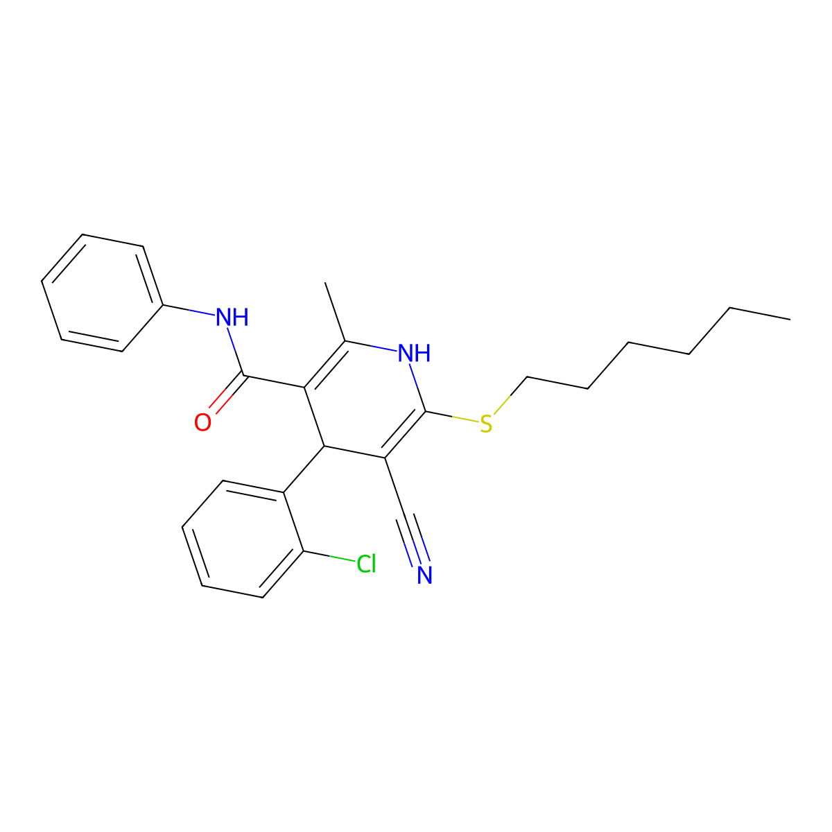 4-(2-chlorophenyl)-5-cyano-6-hexylsulfanyl-2-methyl-N-phenyl-1,4-dihydropyridine-3-carboxamide molecular structure, CAS 185409-94-3
