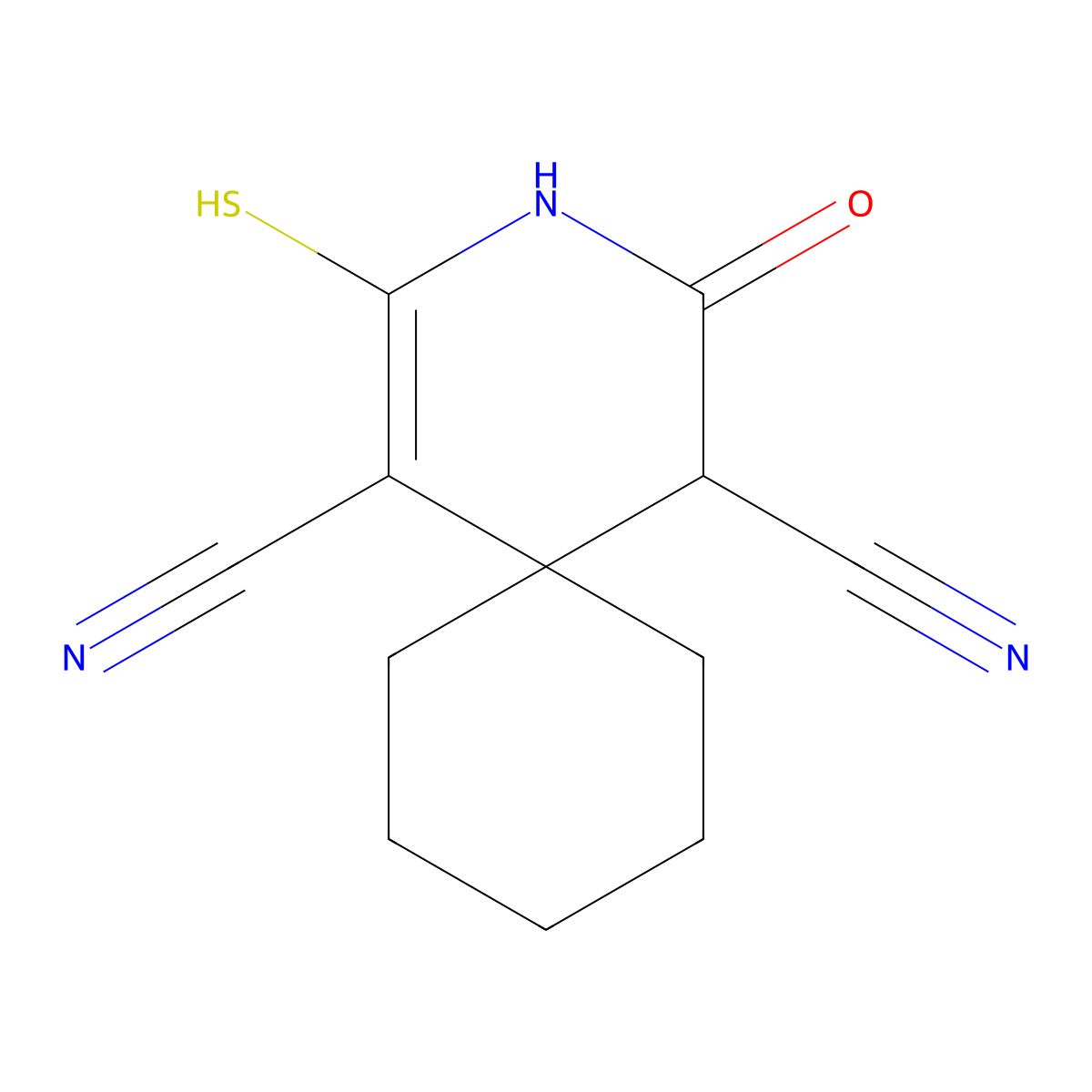 4-Oxo-2-sulfanyl-3-azaspiro[5.5]undec-1-ene-1,5-dicarbonitrile molecular structure, CAS 185414-44-2