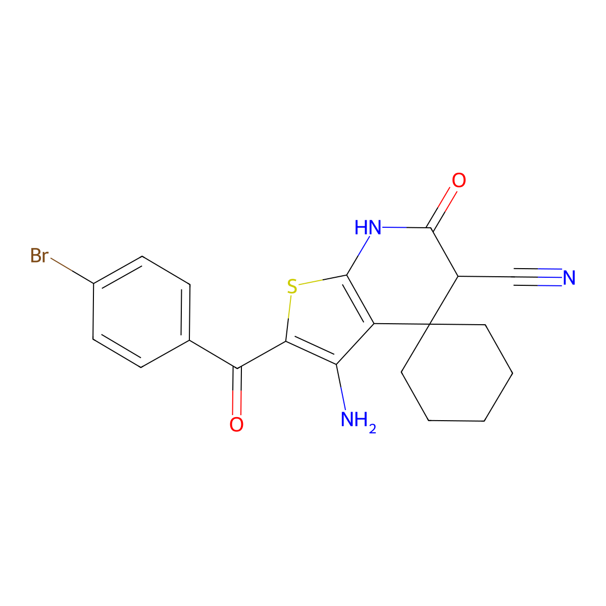 3-Amino-2-(4-bromobenzoyl)-6-oxospiro[5,7-dihydrothieno[2,3-b]pyridine-4,1'-cyclohexane]-5-carbonitrile molecular structure, CAS 185414-55-5