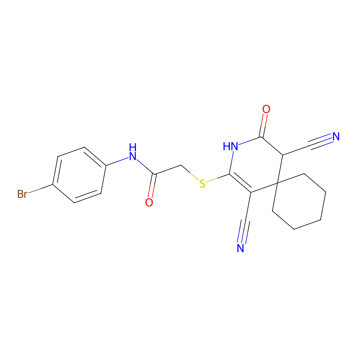 N-(4-bromophenyl)-2-[(1,5-dicyano-4-oxo-3-azaspiro[5.5]undec-1-en-2-yl)sulfanyl]acetamide molecular structure, CAS 185414-60-2