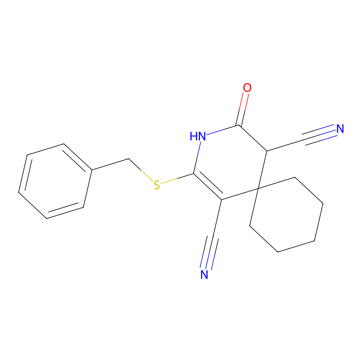 2-(Benzylthio)-4-oxo-3-azaspiro[5.5]undec-1-ene-1,5-dicarbonitrile molecular structure, CAS 185414-66-8