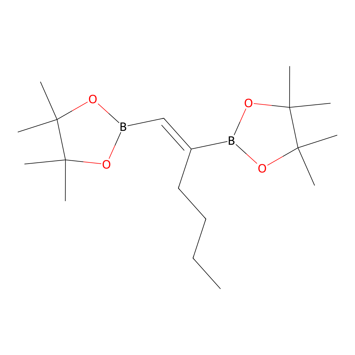 4,4,5,5-tetramethyl-2-[(Z)-1-(4,4,5,5-tetramethyl-1,3,2-dioxaborolan-2-yl)hex-1-en-2-yl]-1,3,2-dioxaborolane molecular structure, CAS 185427-48-9