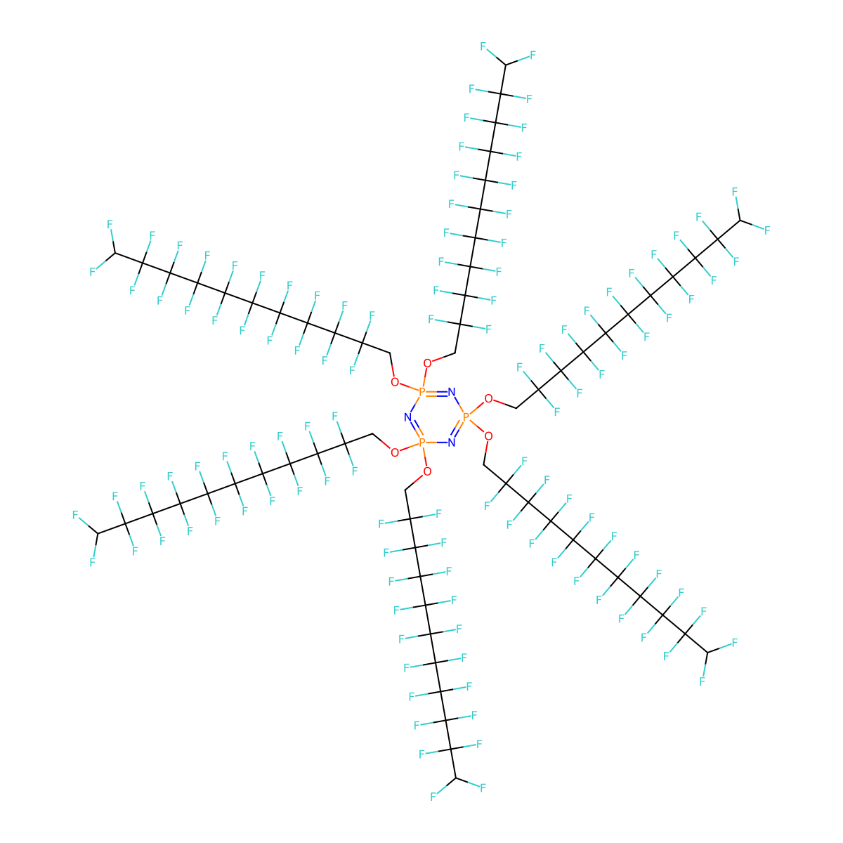1,3,5,2,4,6-Triazatriphosphorine, 2,2,4,4,6,6-hexakis[(2,2,3,3,4,4,5,5,6,6,7,7,8,8,9,9,10,10,11,11-eicosafluoroundecyl)oxy]-2,2,4,4,6,6-hexahydro- molecular structure, CAS 18556-32-6