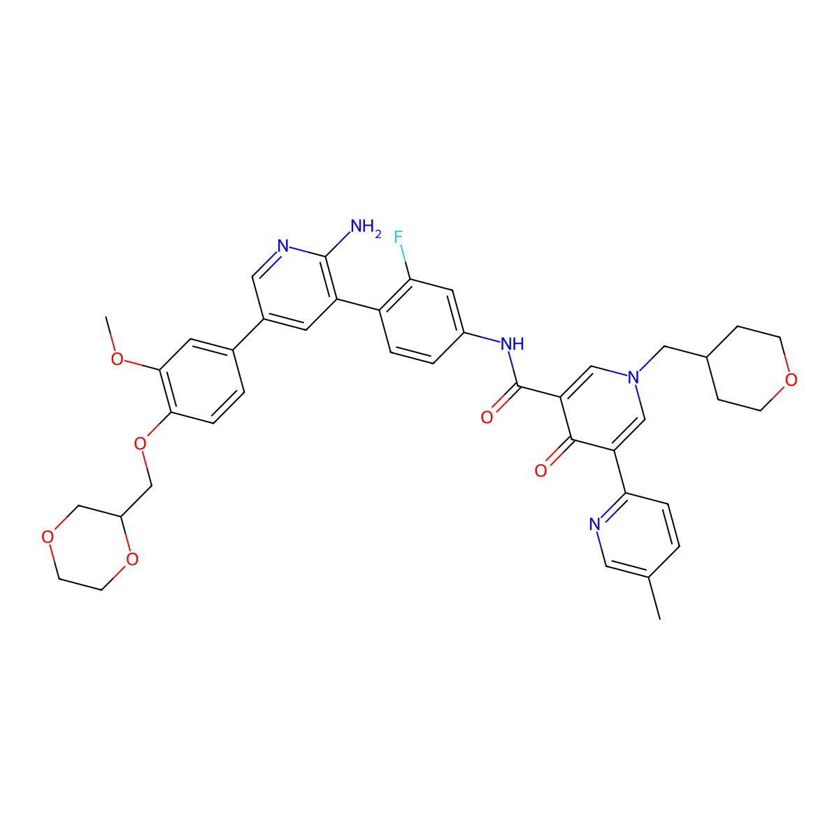 (R)-N-(4-(5-(4-((1,4-Dioxan-2-yl)methoxy)-3-methoxyphenyl)-2-aminopyridin-3-yl)-3-fluorophenyl)-5-methyl-4'-oxo-1'-((tetrahydro-2H-pyran-4-yl)methyl)-1',4'-dihydro-[2,3'-bipyridine]-5'-carboxamide molecular structure, CAS 1855860-24-0