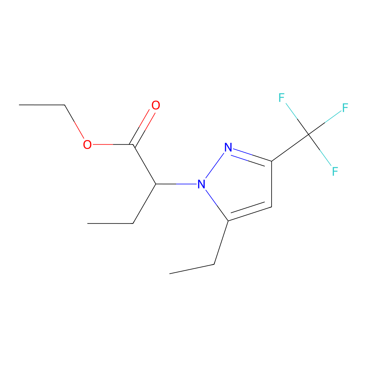 Ethyl 2-[5-ethyl-3-(trifluoromethyl)-1H-pyrazol-1-yl]butanoate molecular structure, CAS 1855888-32-2