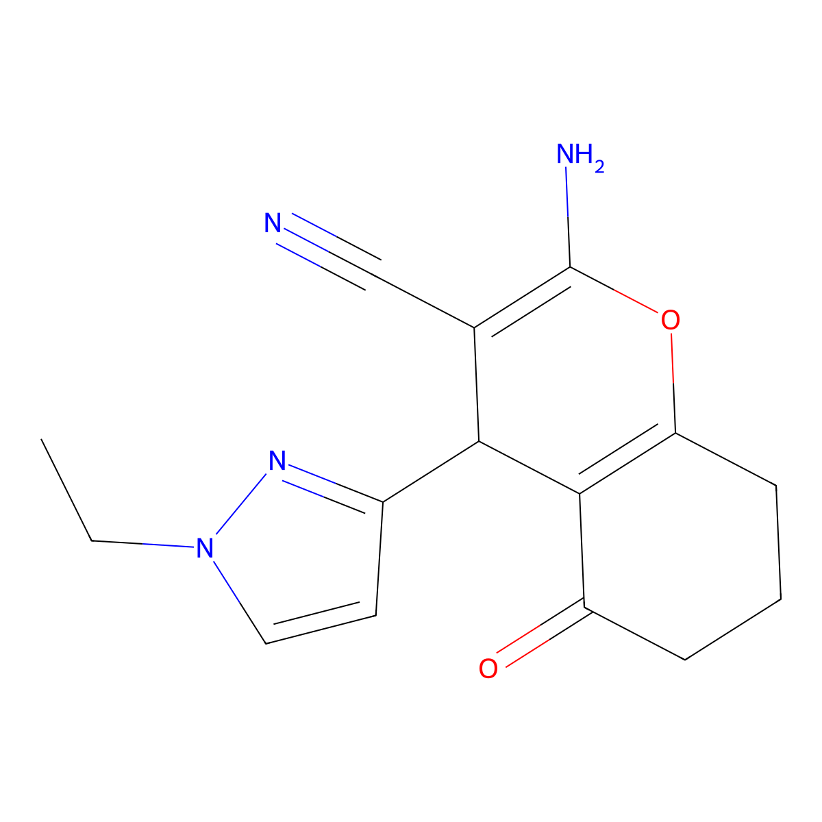 2-amino-4-(1-ethyl-1H-pyrazol-3-yl)-5-oxo-5,6,7,8-tetrahydro-4H-chromene-3-carbonitrile molecular structure, CAS 1855888-58-2