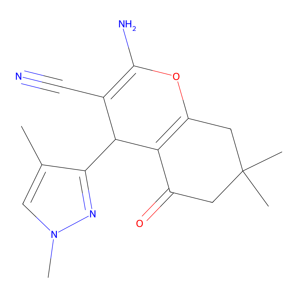 2-Amino-4-(1,4-dimethyl-1H-pyrazol-3-yl)-7,7-dimethyl-5-oxo-5,6,7,8-tetrahydro-4H-chromene-3-carbonitrile molecular structure, CAS 1855888-60-6