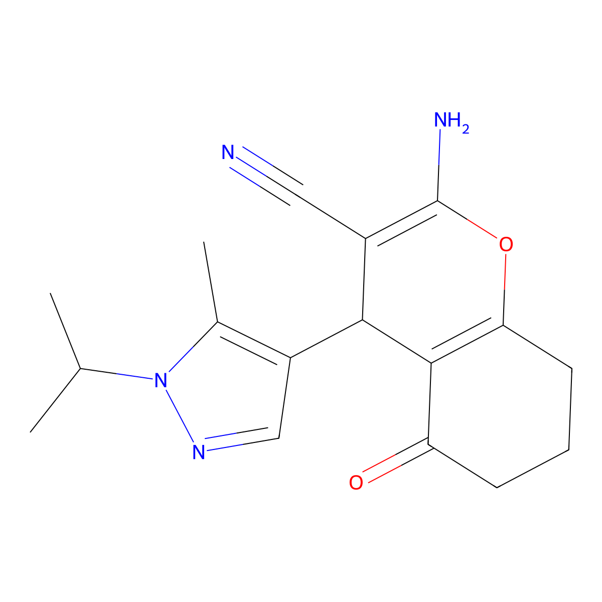 2-Amino-4-(1-isopropyl-5-methyl-1H-pyrazol-4-yl)-5-oxo-5,6,7,8-tetrahydro-4H-chromene-3-carbonitrile molecular structure, CAS 1855888-63-9