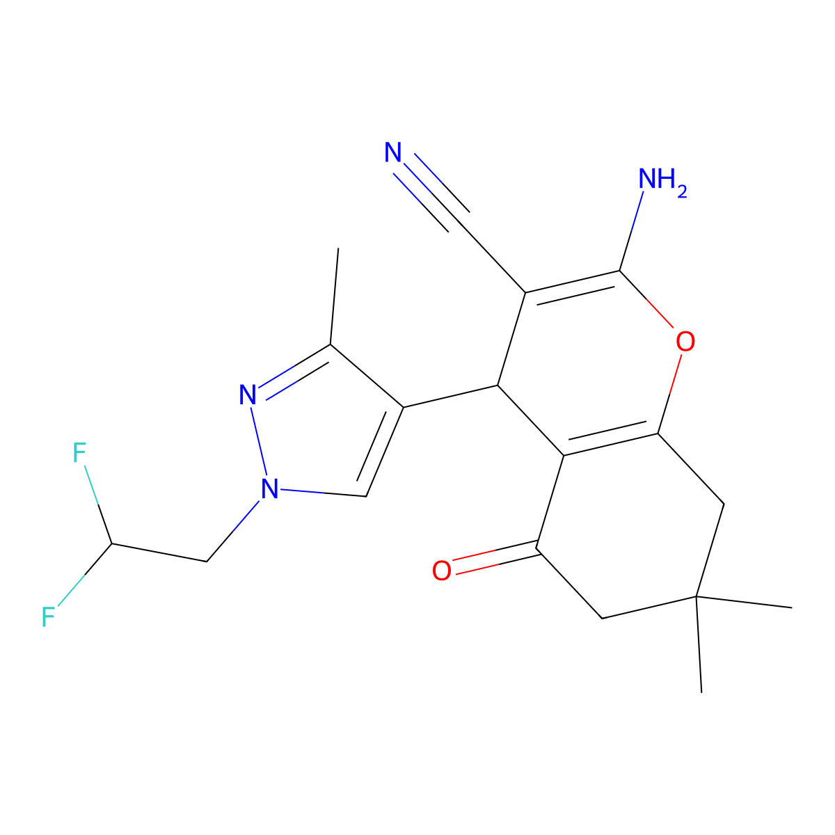 2-Amino-4-(1-(2,2-difluoroethyl)-3-methyl-1H-pyrazol-4-yl)-7,7-dimethyl-5-oxo-5,6,7,8-tetrahydro-4H-chromene-3-carbonitrile molecular structure, CAS 1855888-68-4