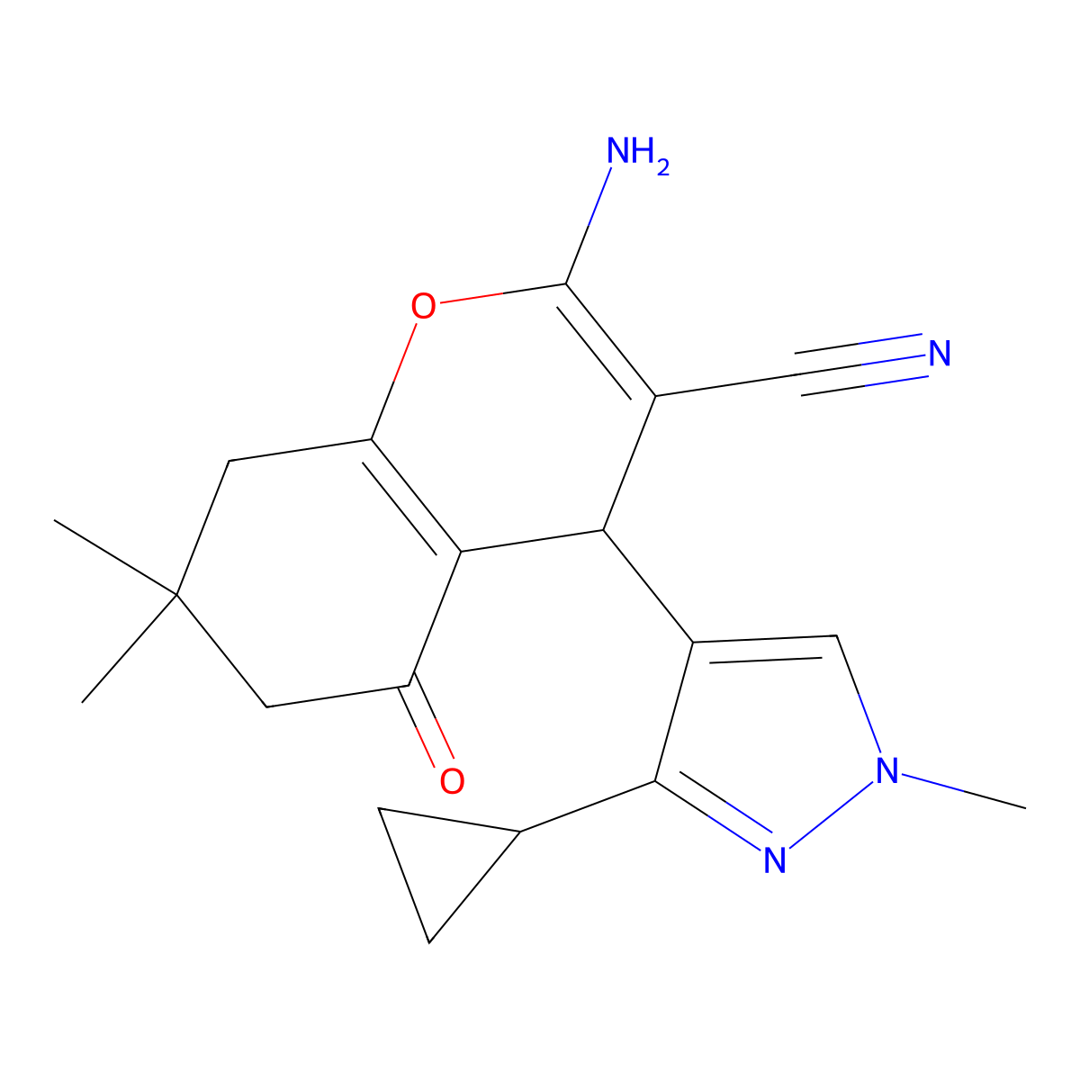 2-Amino-4-(3-cyclopropyl-1-methyl-1H-pyrazol-4-yl)-7,7-dimethyl-5-oxo-5,6,7,8-tetrahydro-4H-chromene-3-carbonitrile molecular structure, CAS 1855888-70-8