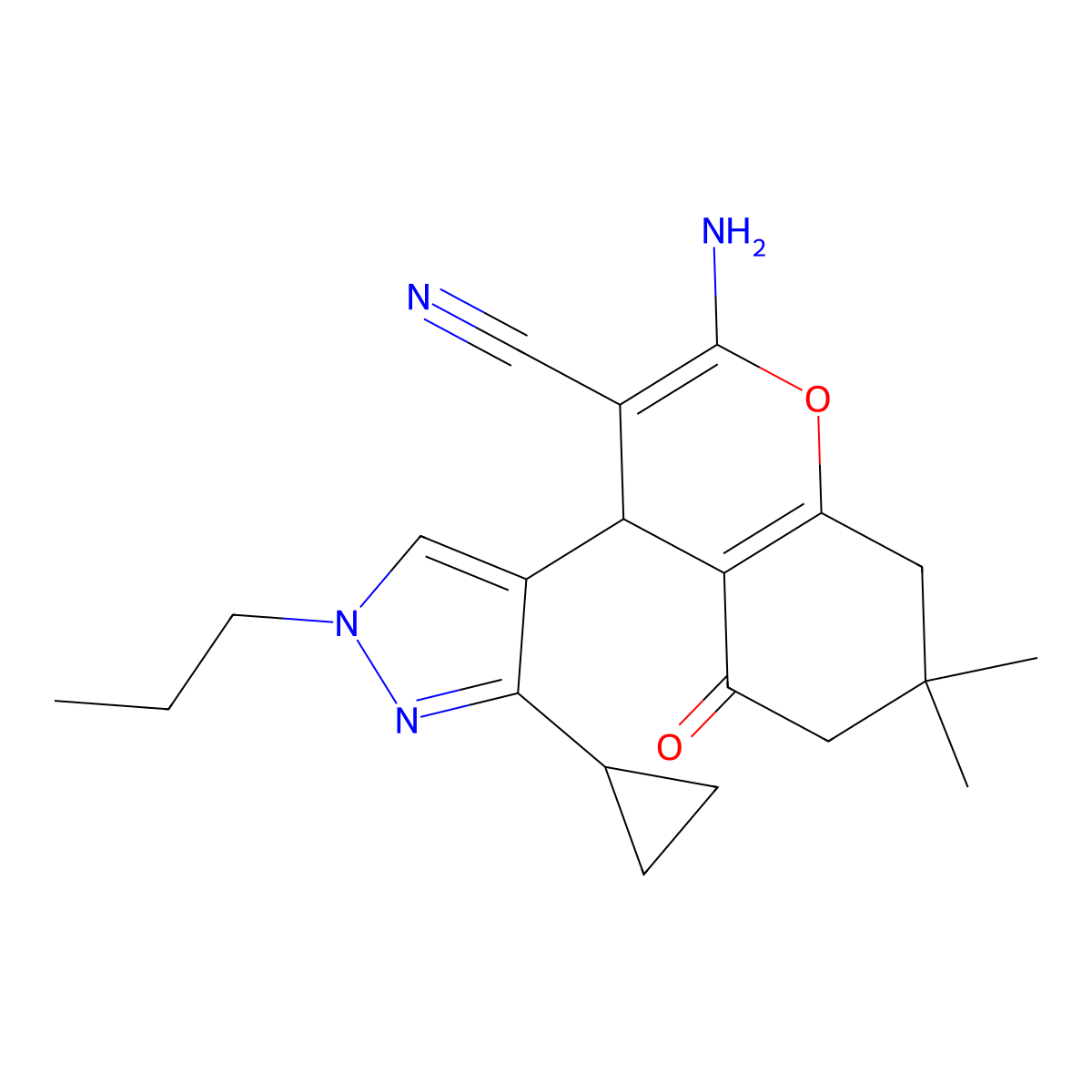 2-Amino-4-(3-cyclopropyl-1-propyl-1H-pyrazol-4-yl)-7,7-dimethyl-5-oxo-5,6,7,8-tetrahydro-4H-chromene-3-carbonitrile molecular structure, CAS 1855888-71-9