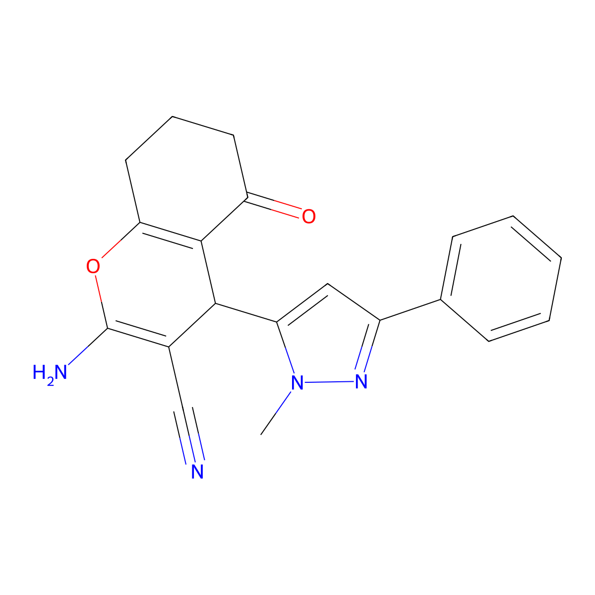 2-Amino-4-(1-methyl-3-phenyl-1H-pyrazol-5-YL)-5-oxo-5,6,7,8-tetrahydro-4H-chromen-3-YL cyanide molecular structure, CAS 1855888-73-1