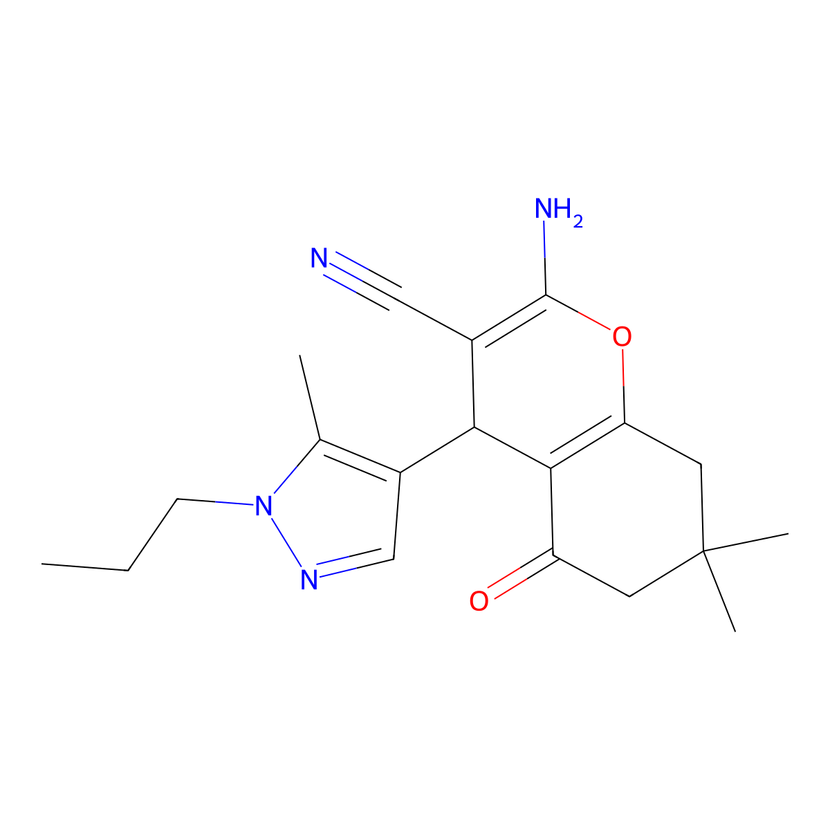 2-Amino-7,7-dimethyl-4-(5-methyl-1-propyl-1H-pyrazol-4-YL)-5-oxo-5,6,7,8-tetrahydro-4H-chromen-3-YL cyanide molecular structure, CAS 1855888-74-2