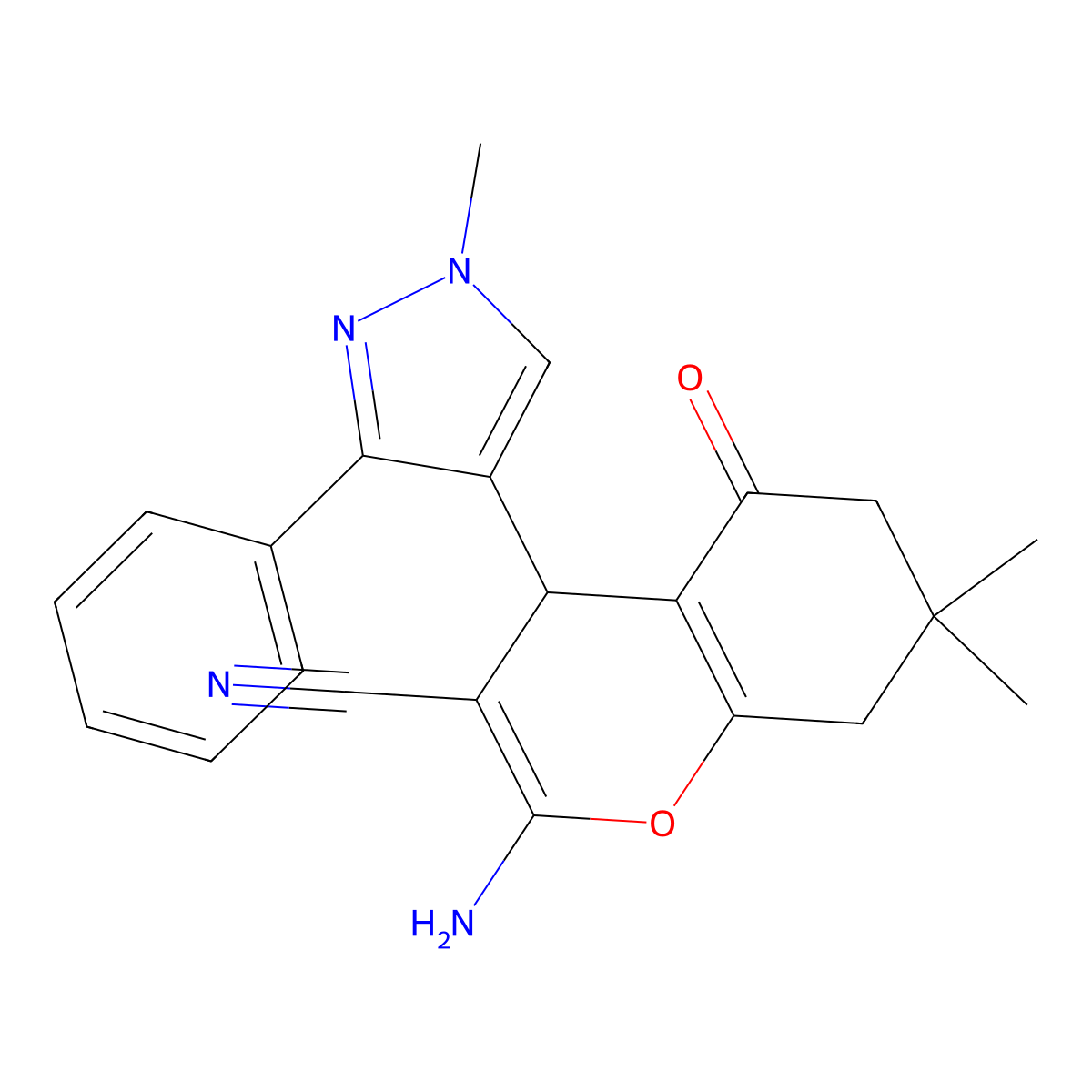 2-Amino-7,7-dimethyl-4-(1-methyl-3-phenyl-1H-pyrazol-4-YL)-5-oxo-5,6,7,8-tetrahydro-4H-chromen-3-YL cyanide molecular structure, CAS 1855888-75-3