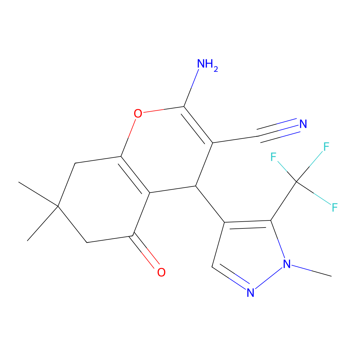 2-Amino-7,7-dimethyl-4-(1-methyl-5-(trifluoromethyl)-1H-pyrazol-4-yl)-5-oxo-5,6,7,8-tetrahydro-4H-chromene-3-carbonitrile molecular structure, CAS 1855888-78-6