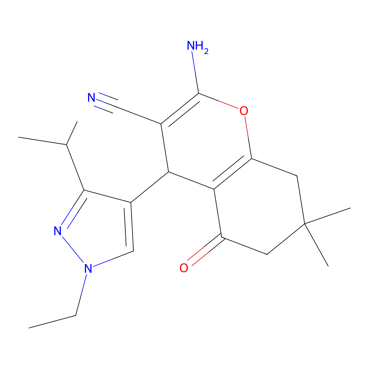 2-Amino-4-(1-ethyl-3-isopropyl-1H-pyrazol-4-yl)-7,7-dimethyl-5-oxo-5,6,7,8-tetrahydro-4H-chromene-3-carbonitrile molecular structure, CAS 1855888-79-7