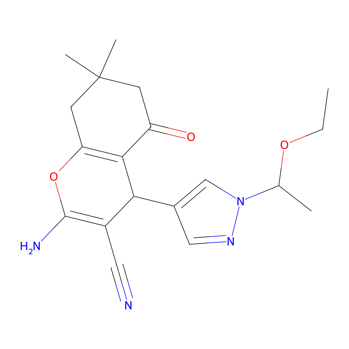 2-Amino-4-(1-(1-ethoxyethyl)-1H-pyrazol-4-yl)-7,7-dimethyl-5-oxo-5,6,7,8-tetrahydro-4H-chromene-3-carbonitrile molecular structure, CAS 1855888-81-1