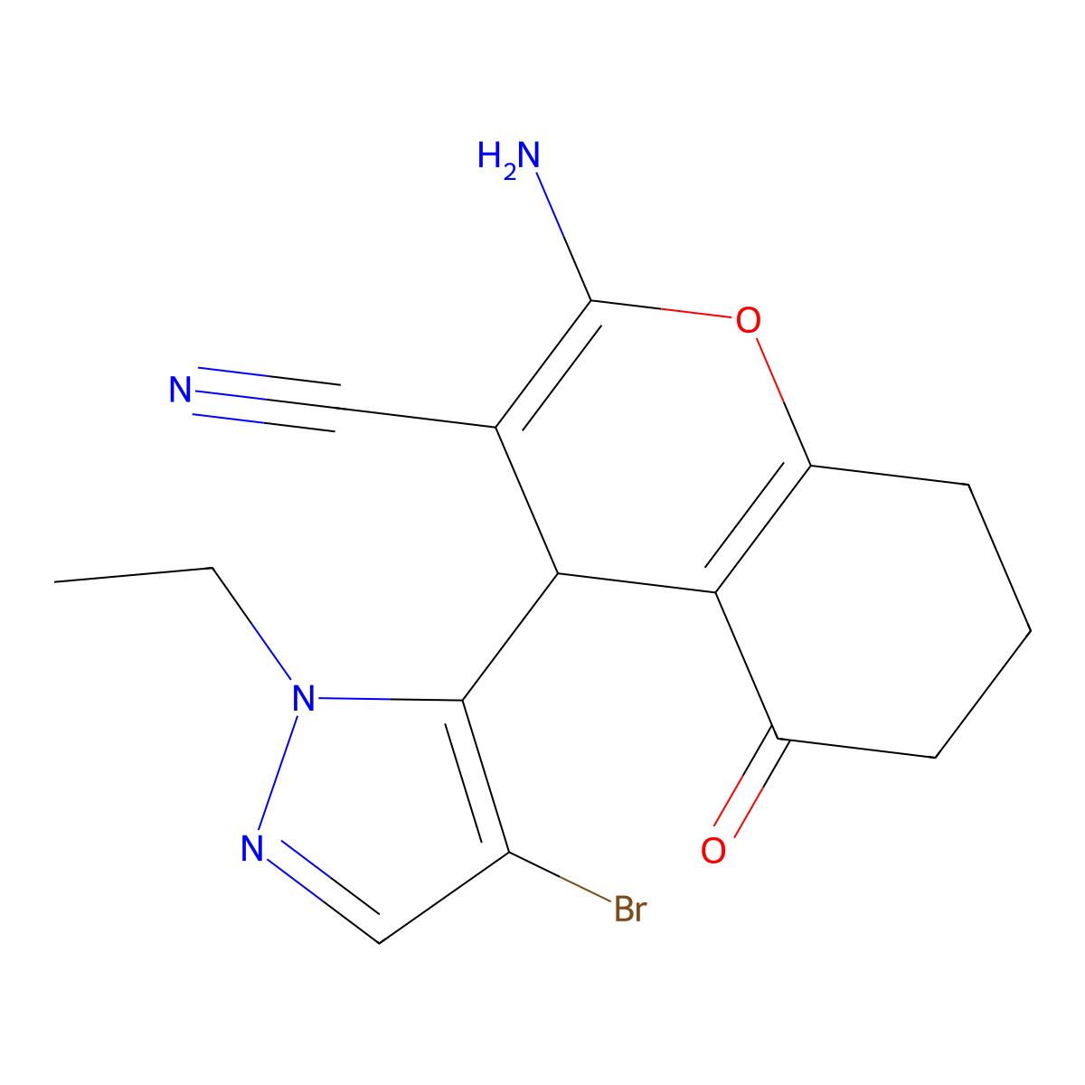 2-Amino-4-(4-bromo-1-ethyl-1H-pyrazol-5-yl)-5-oxo-5,6,7,8-tetrahydro-4H-chromene-3-carbonitrile molecular structure, CAS 1855888-85-5