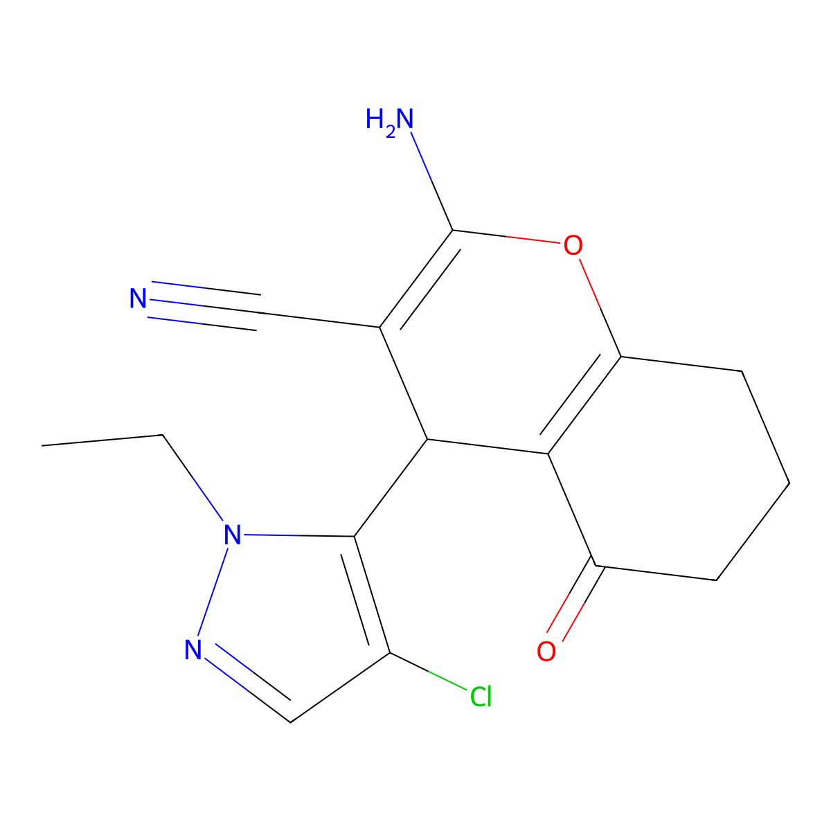 2-Amino-4-(4-chloro-1-ethyl-1H-pyrazol-5-YL)-5-oxo-5,6,7,8-tetrahydro-4H-chromen-3-YL cyanide molecular structure, CAS 1855888-86-6