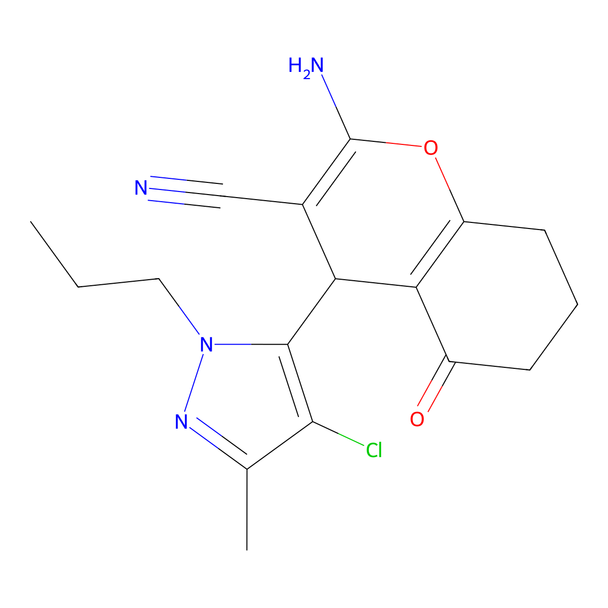 2-Amino-4-(4-chloro-3-methyl-1-propyl-1H-pyrazol-5-YL)-5-oxo-5,6,7,8-tetrahydro-4H-chromen-3-YL cyanide molecular structure, CAS 1855888-88-8