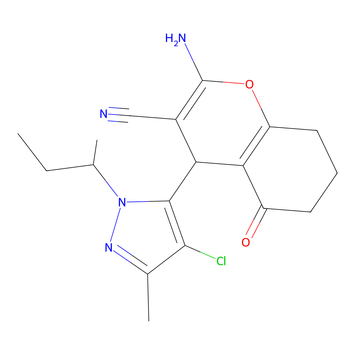2-Amino-4-(1-(sec-butyl)-4-chloro-3-methyl-1H-pyrazol-5-yl)-5-oxo-5,6,7,8-tetrahydro-4H-chromene-3-carbonitrile molecular structure, CAS 1855888-89-9