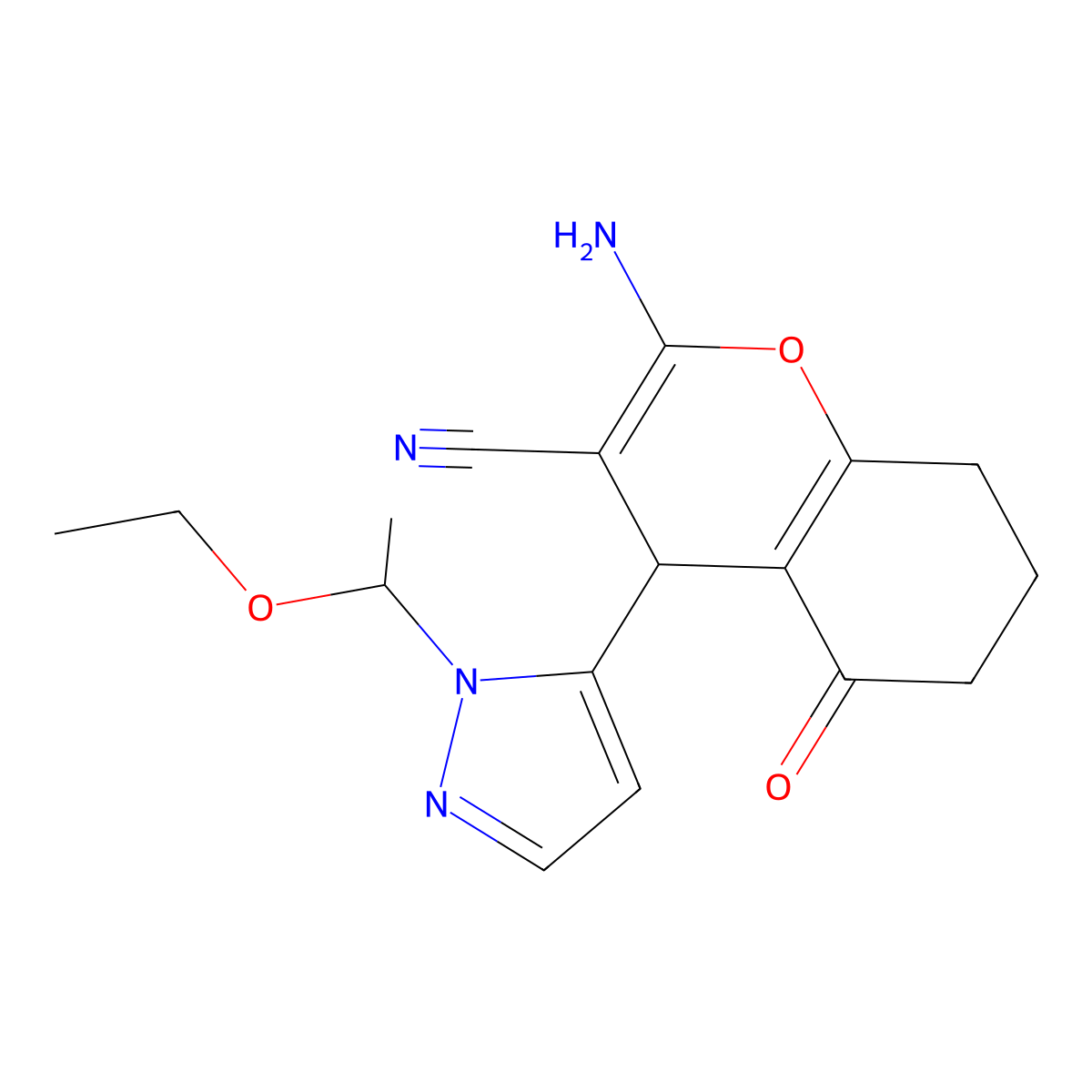2-Amino-4-(1-(1-ethoxyethyl)-1H-pyrazol-5-yl)-5-oxo-5,6,7,8-tetrahydro-4H-chromene-3-carbonitrile molecular structure, CAS 1855888-92-4