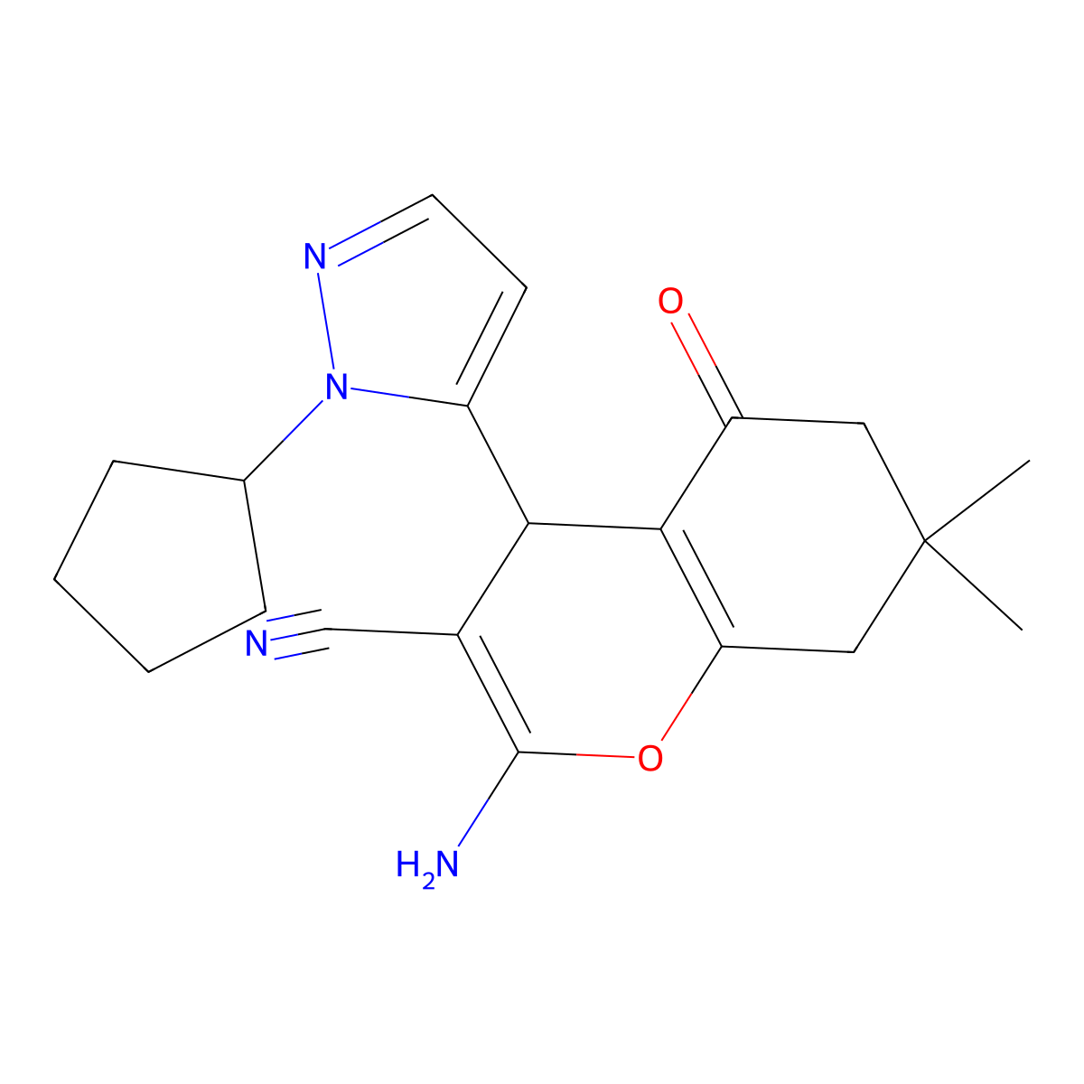 2-Amino-4-(1-cyclopentyl-1H-pyrazol-5-YL)-7,7-dimethyl-5-oxo-5,6,7,8-tetrahydro-4H-chromen-3-YL cyanide molecular structure, CAS 1855888-95-7