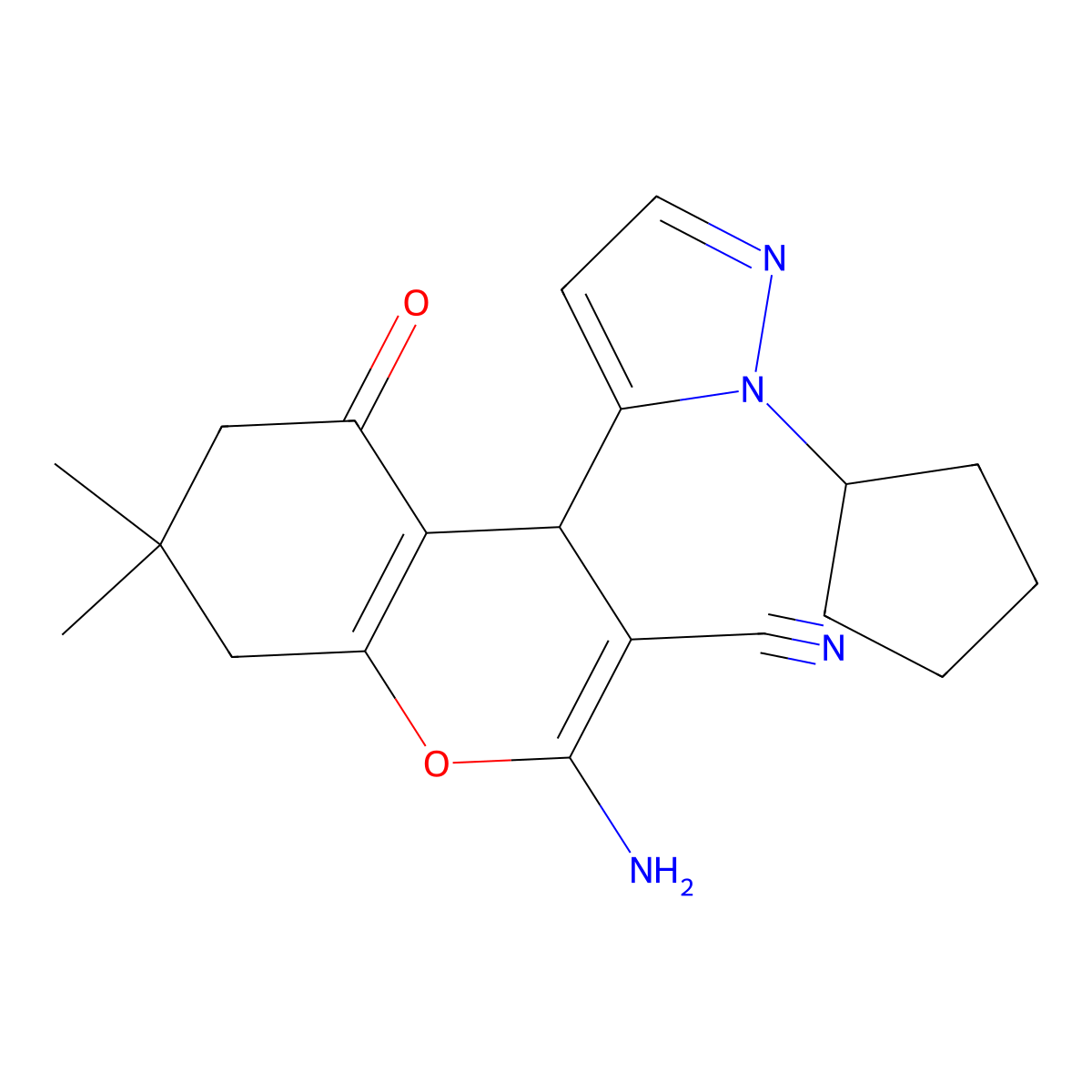 2-Amino-4-(1-cyclopentyl-1H-pyrazol-5-YL)-7,7-dimethyl-5-oxo-5,6,7,8-tetrahydro-4H-chromen-3-YL cyanide molecular structure, CAS 1855888-95-7