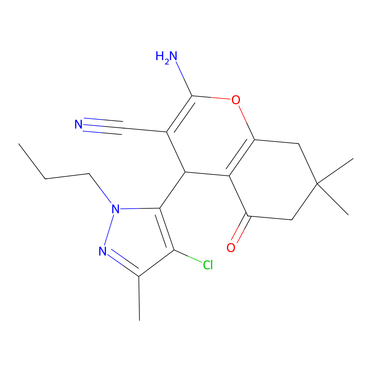 2-Amino-4-(4-chloro-3-methyl-1-propyl-1H-pyrazol-5-yl)-7,7-dimethyl-5-oxo-5,6,7,8-tetrahydro-4H-chromene-3-carbonitrile molecular structure, CAS 1855889-01-8
