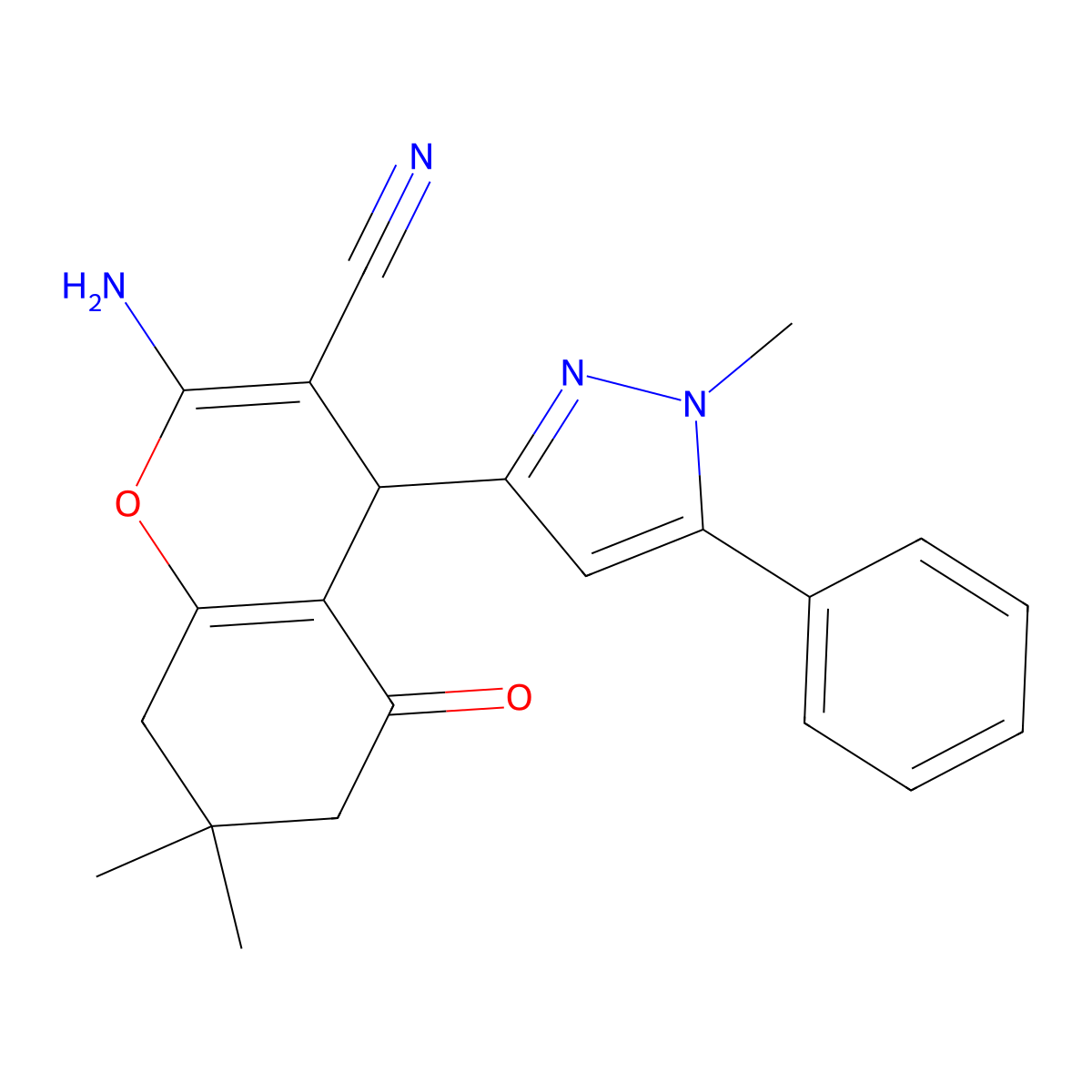 2-Amino-7,7-dimethyl-4-(1-methyl-5-phenyl-1H-pyrazol-3-YL)-5-oxo-5,6,7,8-tetrahydro-4H-chromen-3-YL cyanide molecular structure, CAS 1855889-02-9