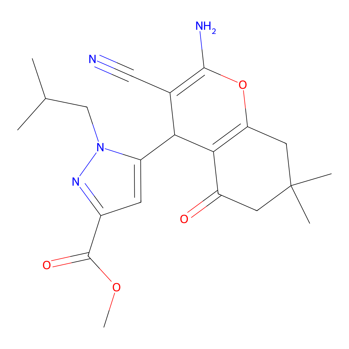 Methyl 5-(2-amino-3-cyano-7,7-dimethyl-5-oxo-5,6,7,8-tetrahydro-4H-chromen-4-YL)-1-isobutyl-1H-pyrazole-3-carboxylate molecular structure, CAS 1855889-07-4