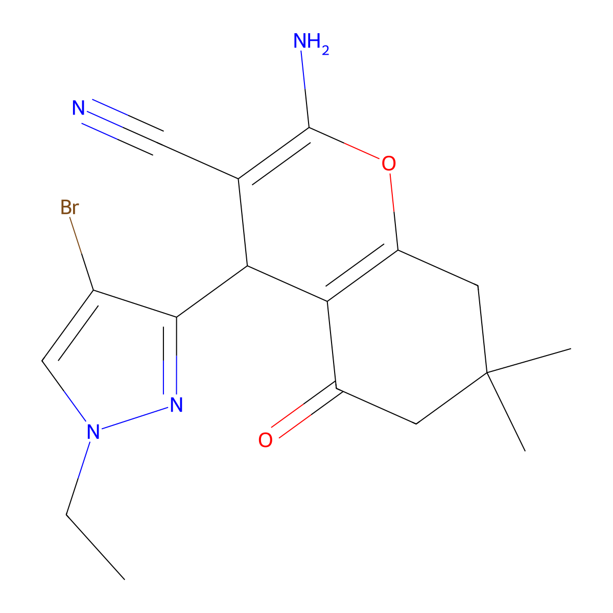 2-Amino-4-(4-bromo-1-ethyl-1H-pyrazol-3-yl)-7,7-dimethyl-5-oxo-5,6,7,8-tetrahydro-4H-chromene-3-carbonitrile molecular structure, CAS 1855889-09-6