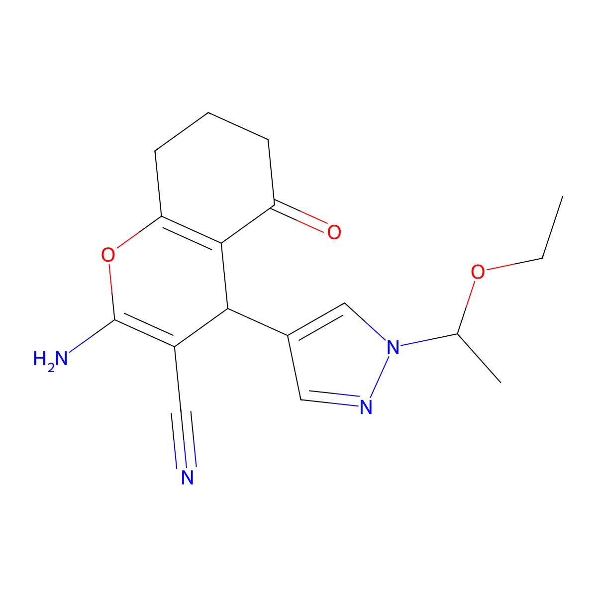 2-Amino-4-(1-(1-ethoxyethyl)-1H-pyrazol-4-yl)-5-oxo-5,6,7,8-tetrahydro-4H-chromene-3-carbonitrile molecular structure, CAS 1855889-19-8