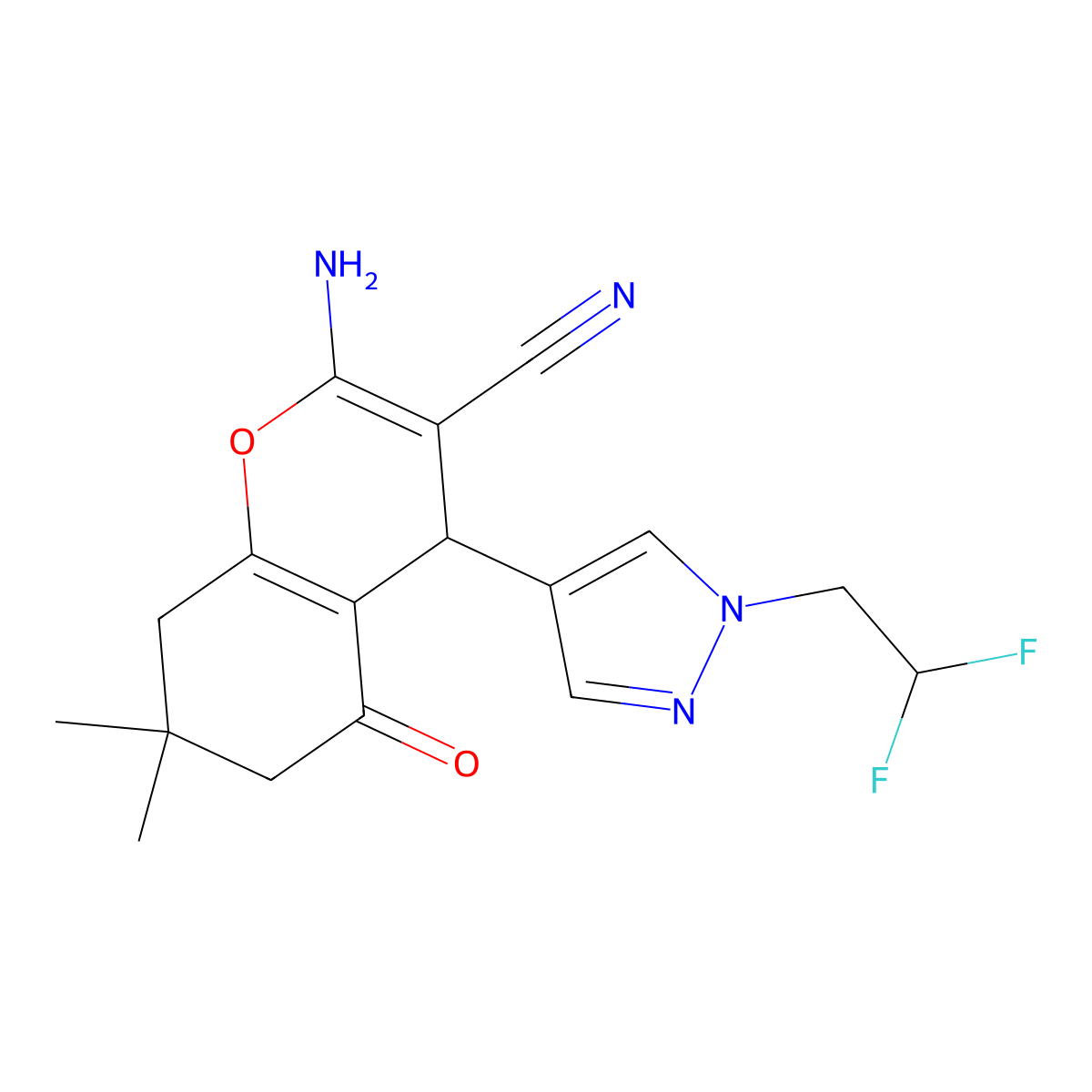 2-Amino-4-(1-(2,2-difluoroethyl)-1H-pyrazol-4-yl)-7,7-dimethyl-5-oxo-5,6,7,8-tetrahydro-4H-chromene-3-carbonitrile molecular structure, CAS 1855889-25-6