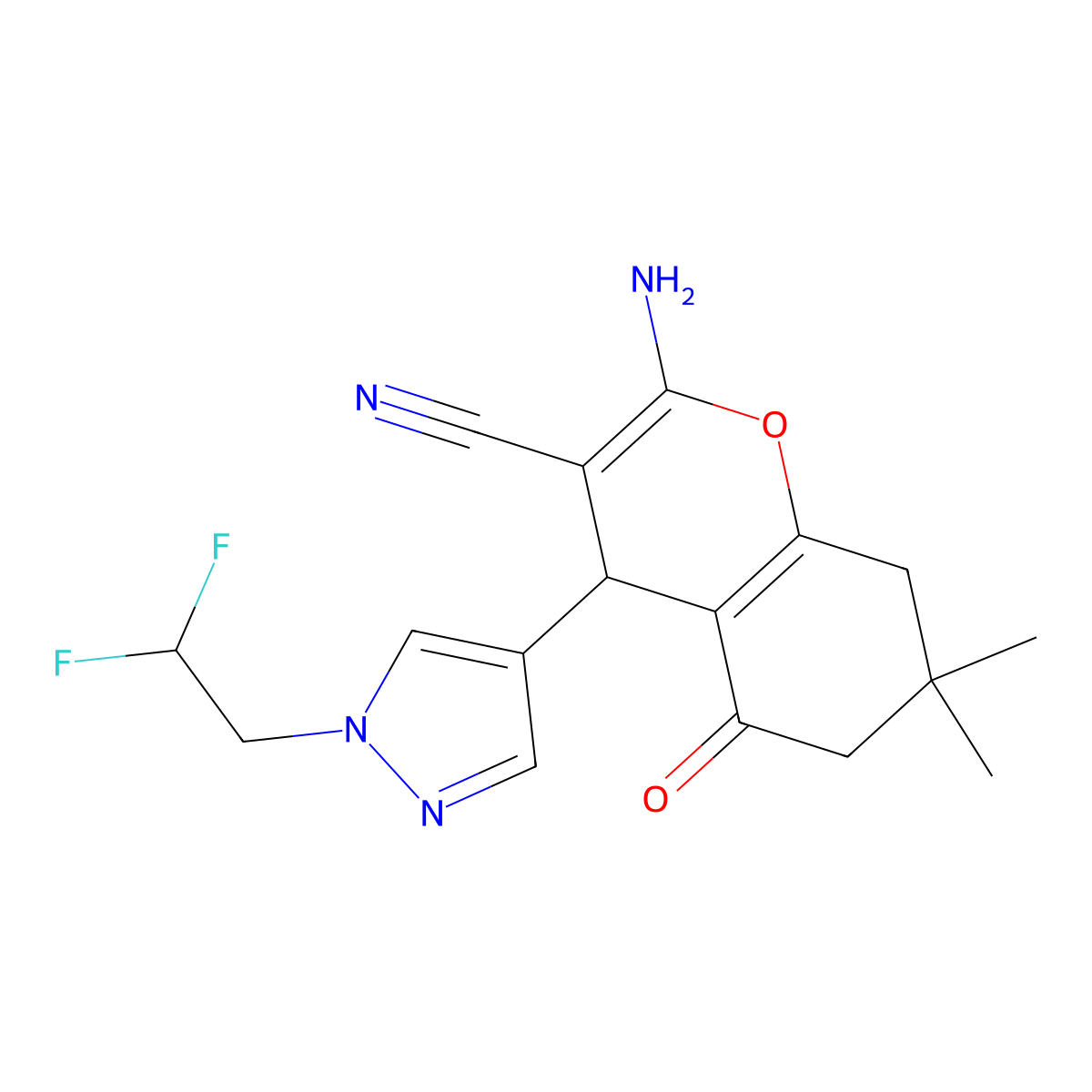 2-Amino-4-(1-(2,2-difluoroethyl)-1H-pyrazol-4-yl)-7,7-dimethyl-5-oxo-5,6,7,8-tetrahydro-4H-chromene-3-carbonitrile molecular structure, CAS 1855889-25-6