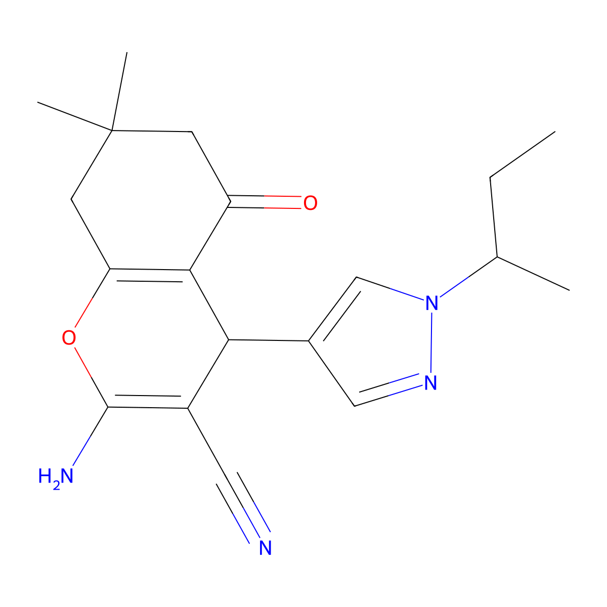 2-Amino-4-(1-(sec-butyl)-1H-pyrazol-4-yl)-7,7-dimethyl-5-oxo-5,6,7,8-tetrahydro-4H-chromene-3-carbonitrile molecular structure, CAS 1855889-30-3
