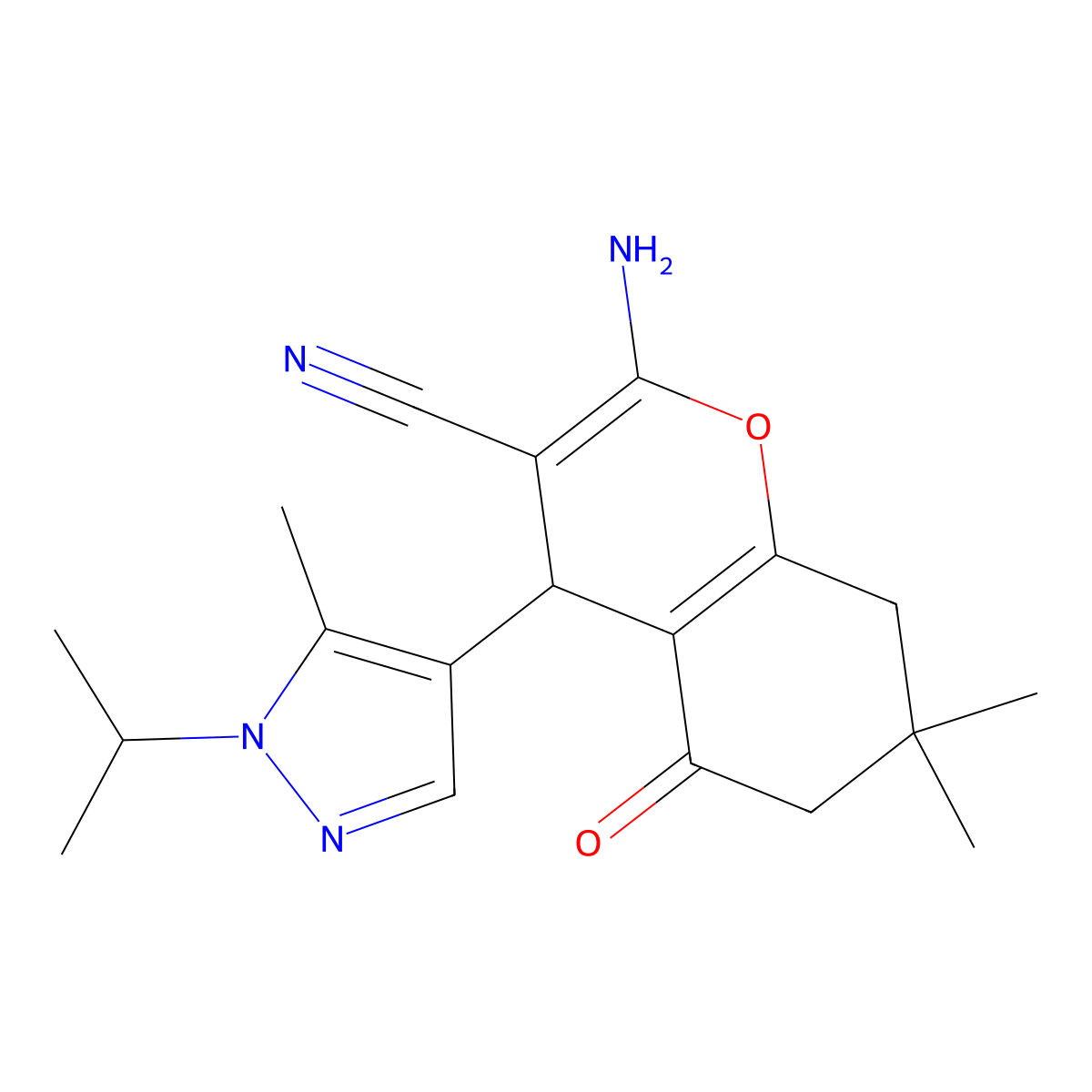 2-Amino-4-(1-isopropyl-5-methyl-1H-pyrazol-4-yl)-7,7-dimethyl-5-oxo-5,6,7,8-tetrahydro-4H-chromene-3-carbonitrile molecular structure, CAS 1855889-33-6