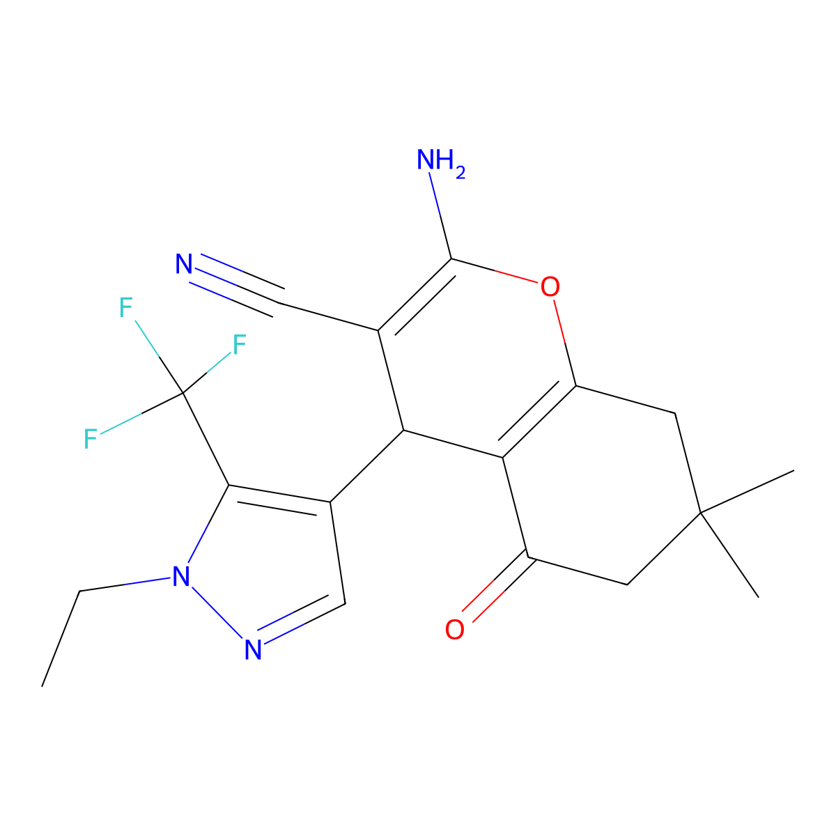 2-Amino-4-(1-ethyl-5-(trifluoromethyl)-1H-pyrazol-4-yl)-7,7-dimethyl-5-oxo-5,6,7,8-tetrahydro-4H-chromene-3-carbonitrile molecular structure, CAS 1855889-36-9