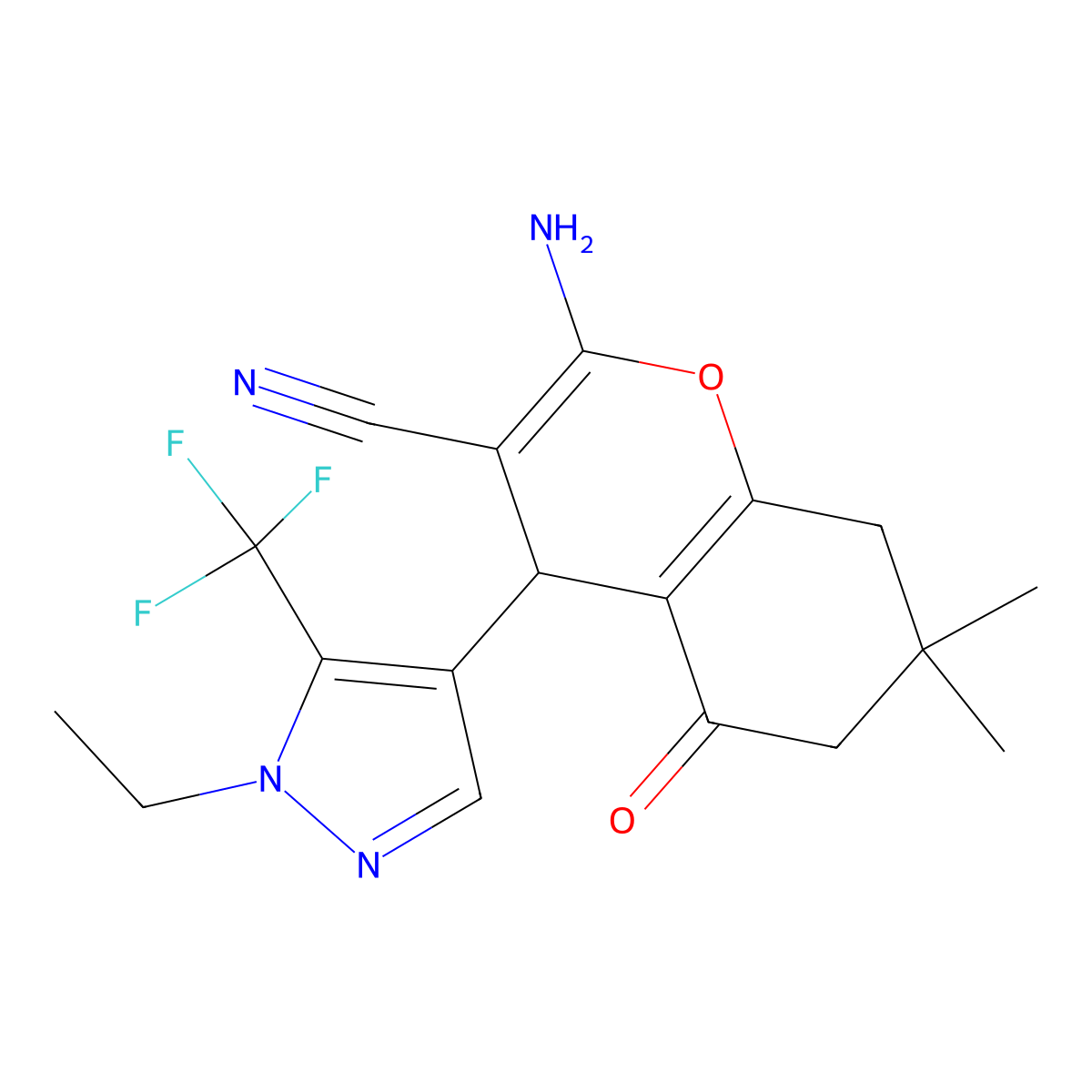 2-Amino-4-(1-ethyl-5-(trifluoromethyl)-1H-pyrazol-4-yl)-7,7-dimethyl-5-oxo-5,6,7,8-tetrahydro-4H-chromene-3-carbonitrile molecular structure, CAS 1855889-36-9