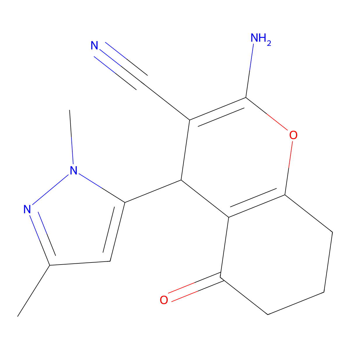 2-amino-4-(1,3-dimethyl-1H-pyrazol-5-yl)-5-oxo-5,6,7,8-tetrahydro-4H-chromene-3-carbonitrile molecular structure, CAS 1855889-40-5