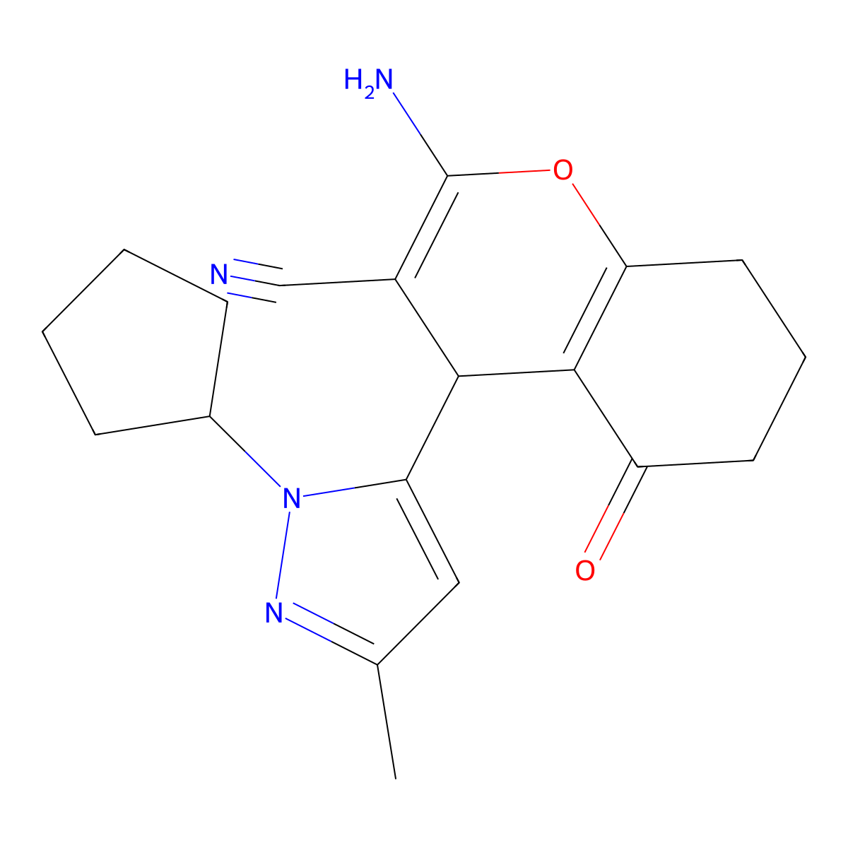 2-Amino-4-(1-cyclopentyl-3-methyl-1H-pyrazol-5-YL)-5-oxo-5,6,7,8-tetrahydro-4H-chromen-3-YL cyanide molecular structure, CAS 1855889-42-7