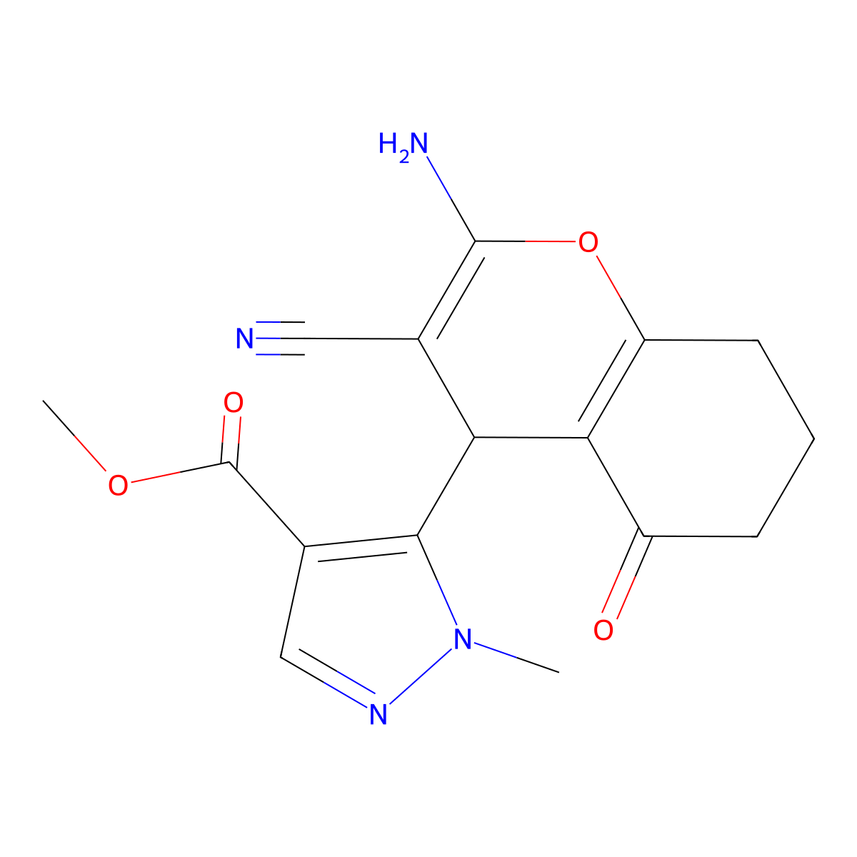 Methyl 5-(2-amino-3-cyano-5-oxo-5,6,7,8-tetrahydro-4H-chromen-4-YL)-1-methyl-1H-pyrazole-4-carboxylate molecular structure, CAS 1855889-46-1