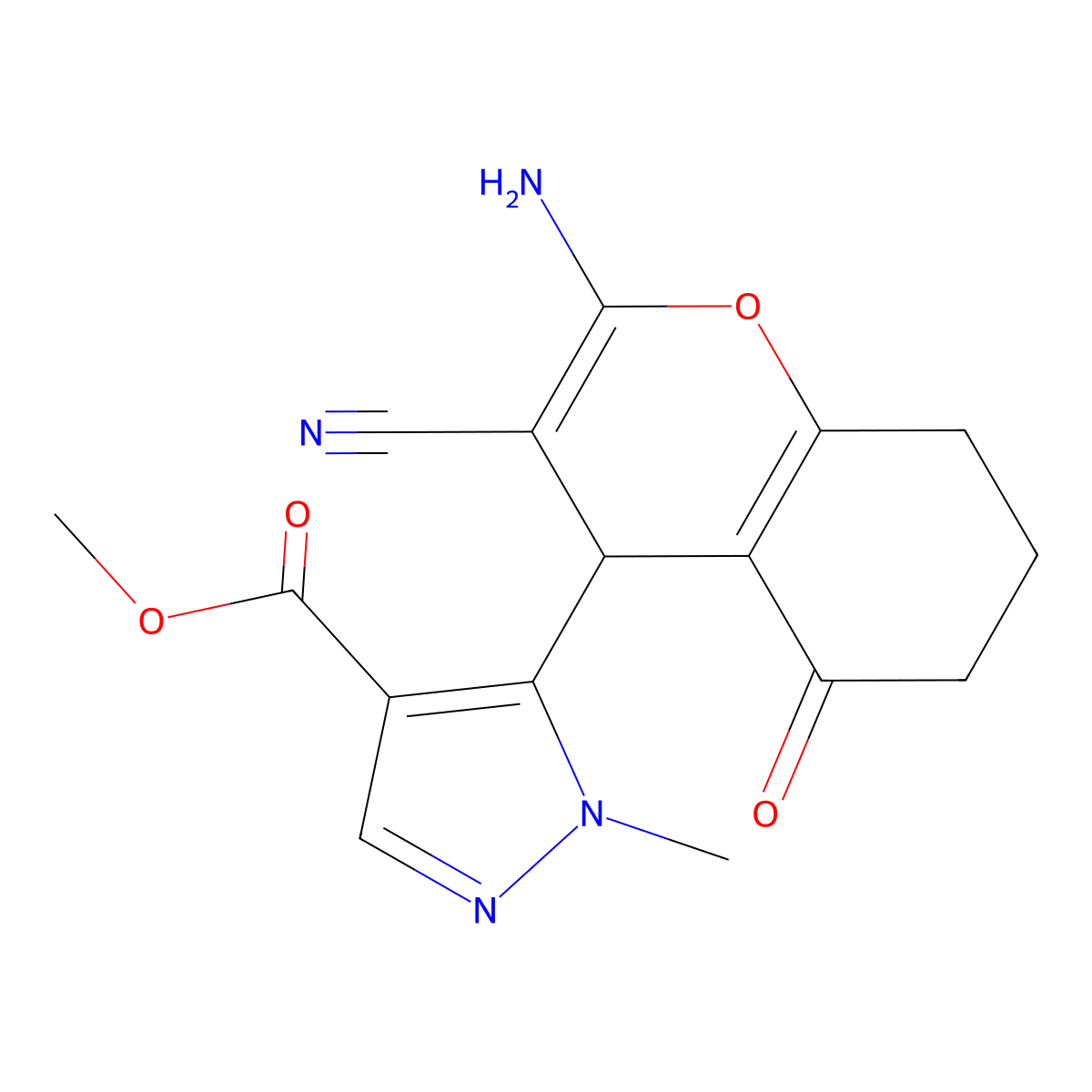 Methyl 5-(2-amino-3-cyano-5-oxo-5,6,7,8-tetrahydro-4H-chromen-4-YL)-1-methyl-1H-pyrazole-4-carboxylate molecular structure, CAS 1855889-46-1
