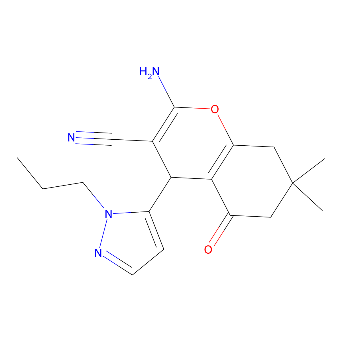 2-Amino-7,7-dimethyl-5-oxo-4-(2-propylpyrazol-3-YL)-6,8-dihydro-4H-chromene-3-carbonitrile molecular structure, CAS 1855889-48-3