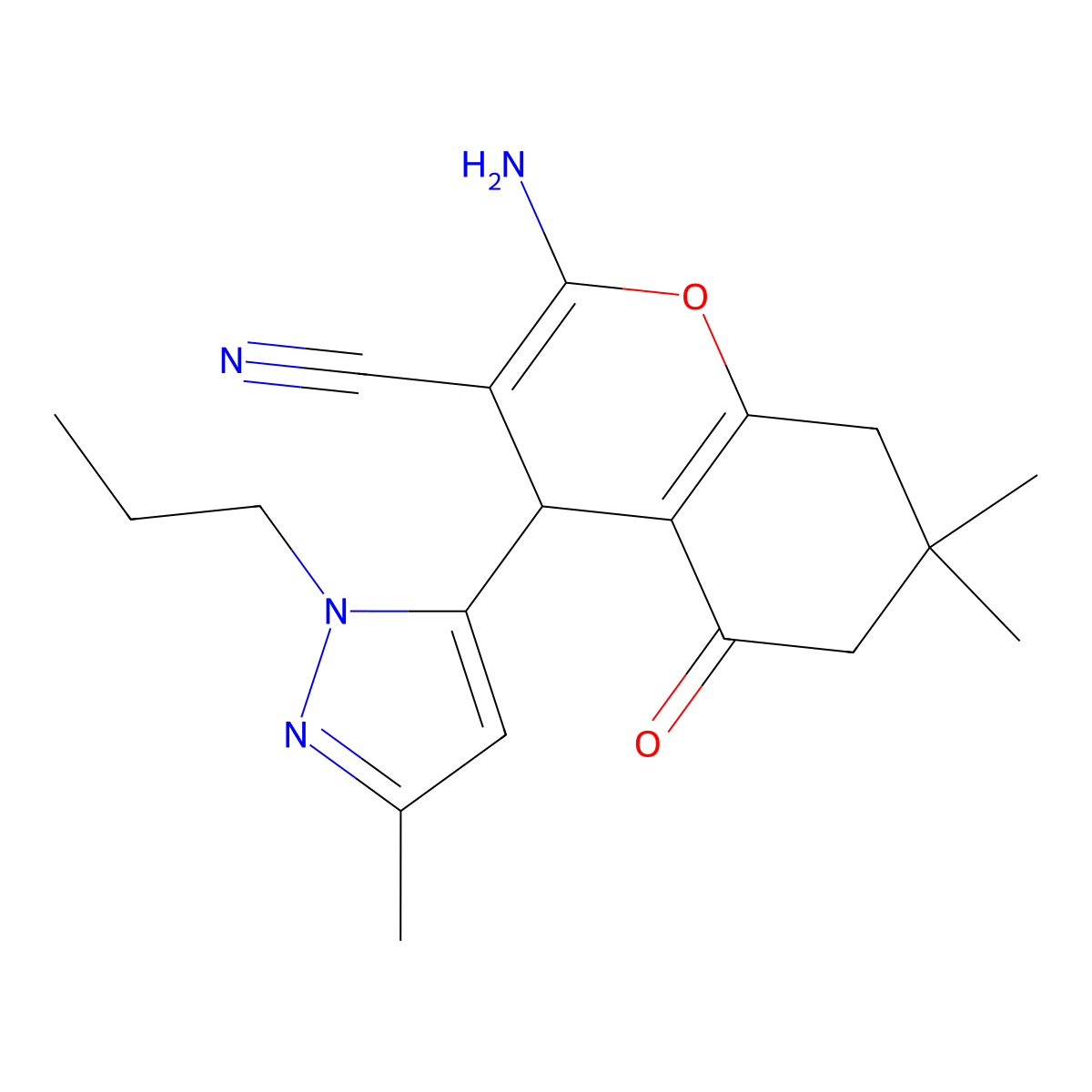 2-Amino-7,7-dimethyl-4-(3-methyl-1-propyl-1H-pyrazol-5-YL)-5-oxo-5,6,7,8-tetrahydro-4H-chromen-3-YL cyanide molecular structure, CAS 1855889-60-9