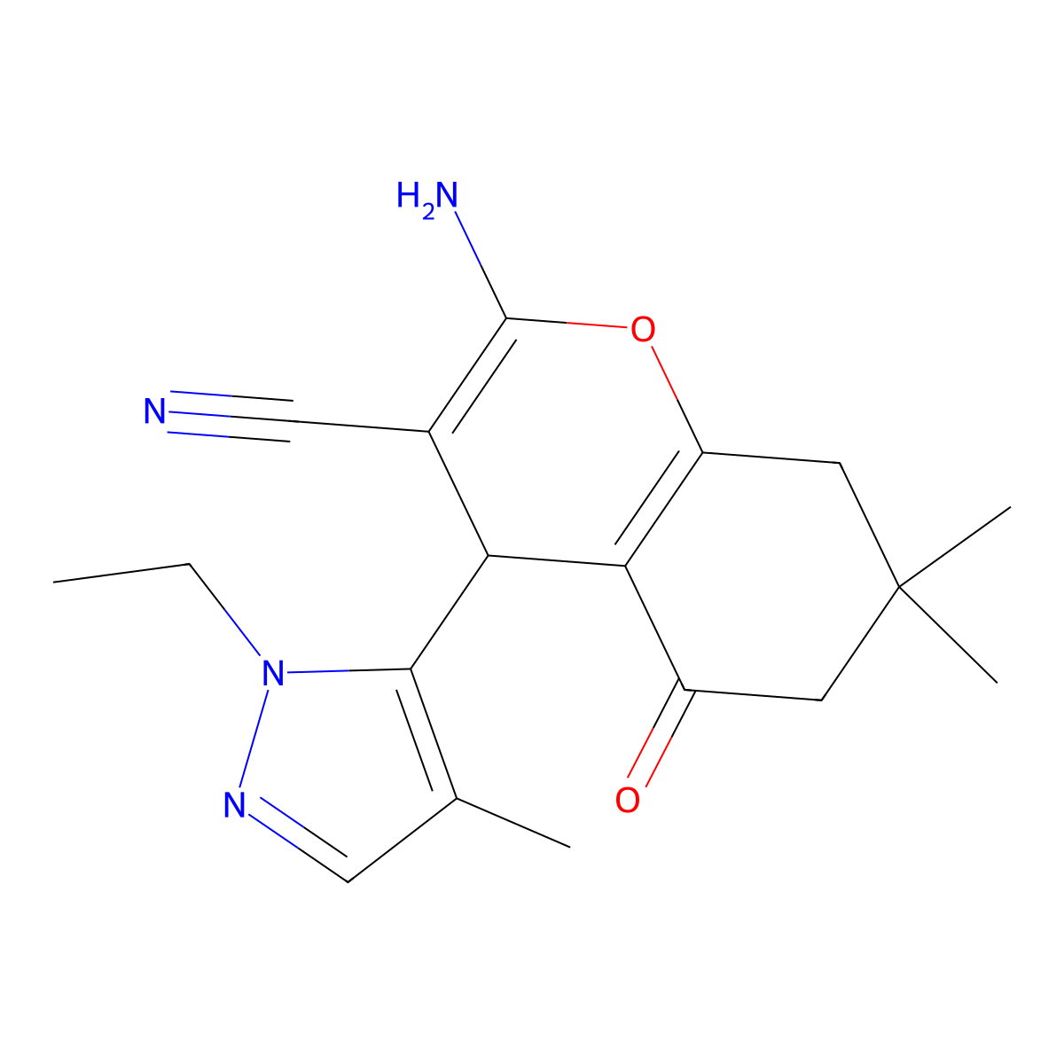 2-Amino-4-(1-ethyl-4-methyl-1H-pyrazol-5-YL)-7,7-dimethyl-5-oxo-5,6,7,8-tetrahydro-4H-chromen-3-YL cyanide molecular structure, CAS 1855889-64-3