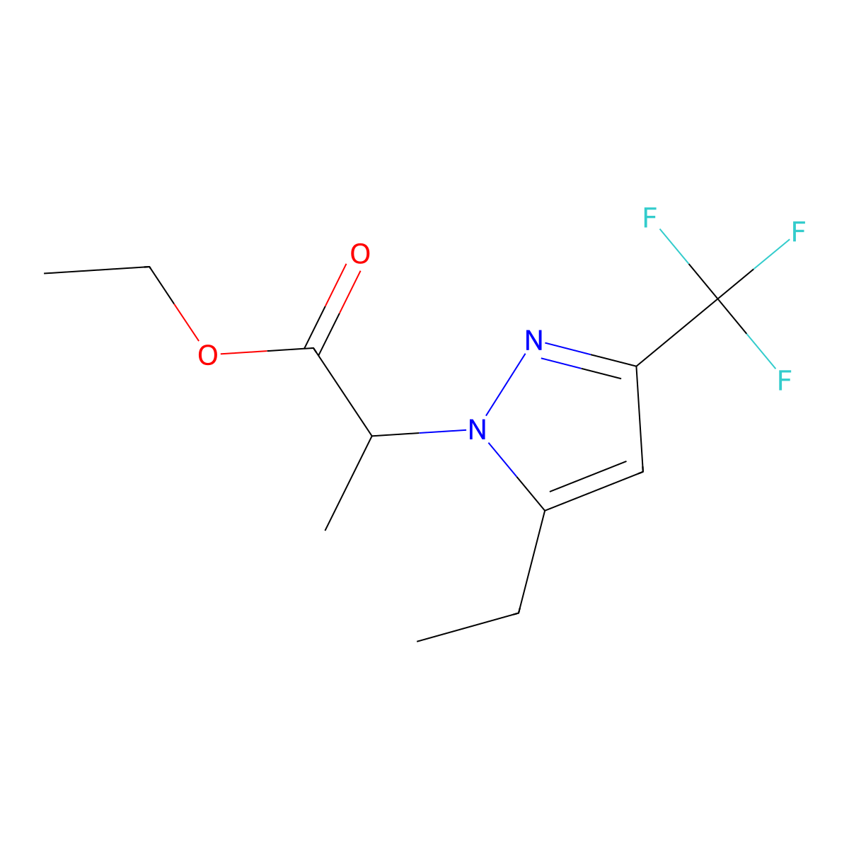 Ethyl 2-[5-ethyl-3-(trifluoromethyl)-1H-pyrazol-1-yl]propanoate molecular structure, CAS 1855889-77-8