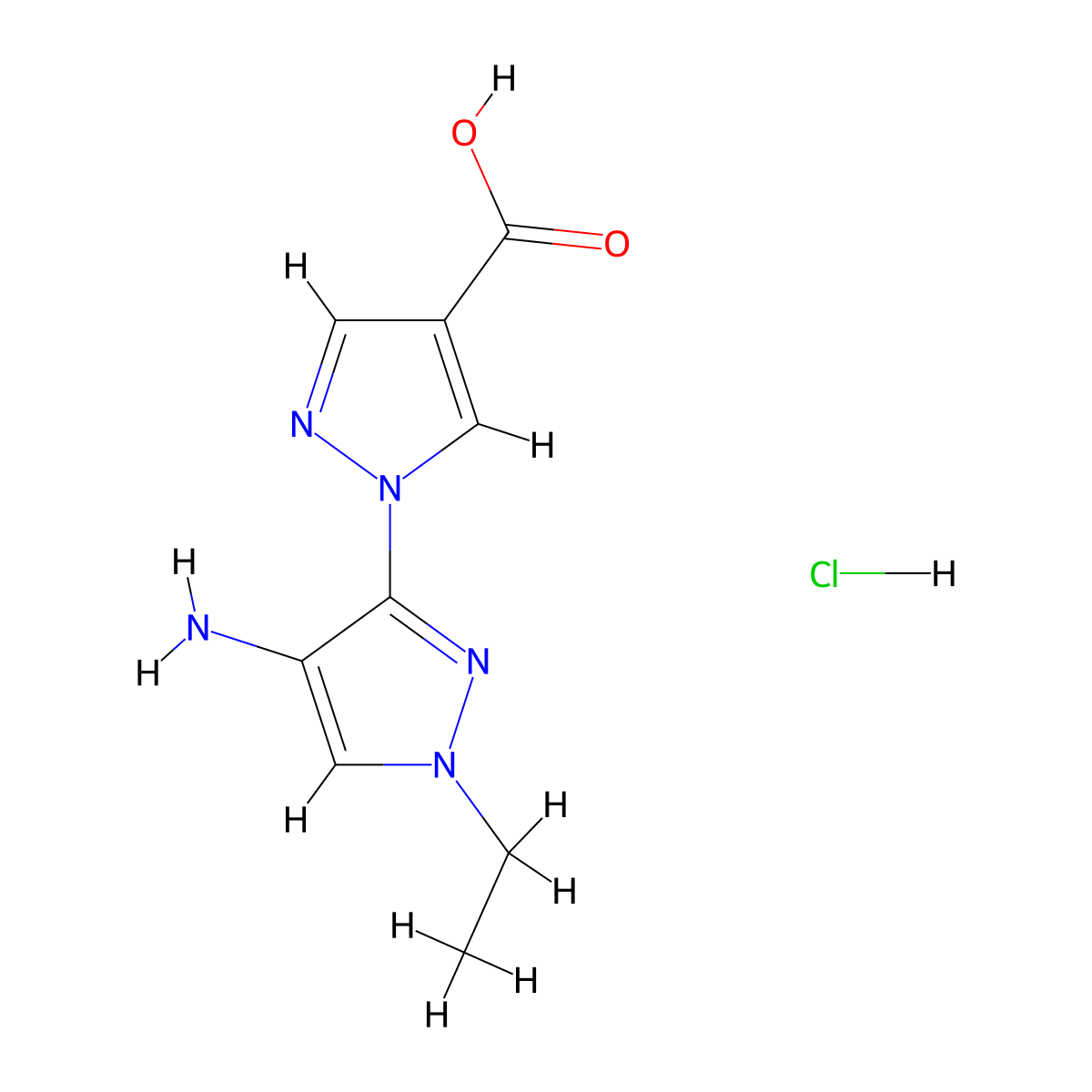 1-(4-Amino-1-ethylpyrazol-3-yl)pyrazole-4-carboxylic acid;hydrochloride molecular structure, CAS 1855889-79-0