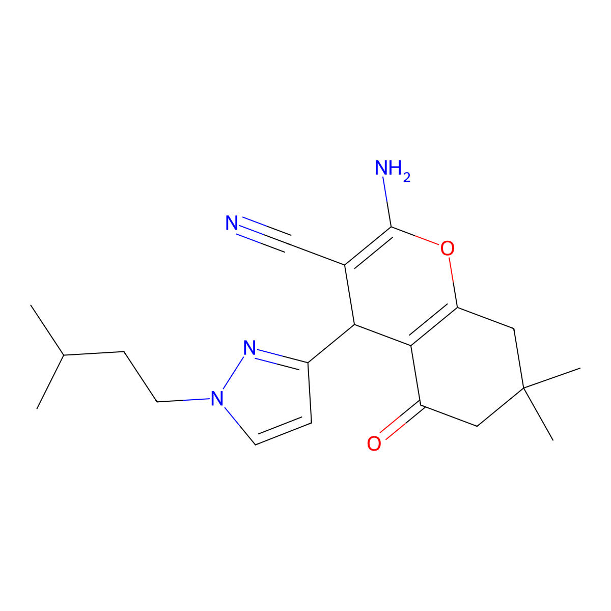 2-Amino-4-(1-isopentyl-1H-pyrazol-3-YL)-7,7-dimethyl-5-oxo-5,6,7,8-tetrahydro-4H-chromen-3-YL cyanide molecular structure, CAS 1855889-82-5